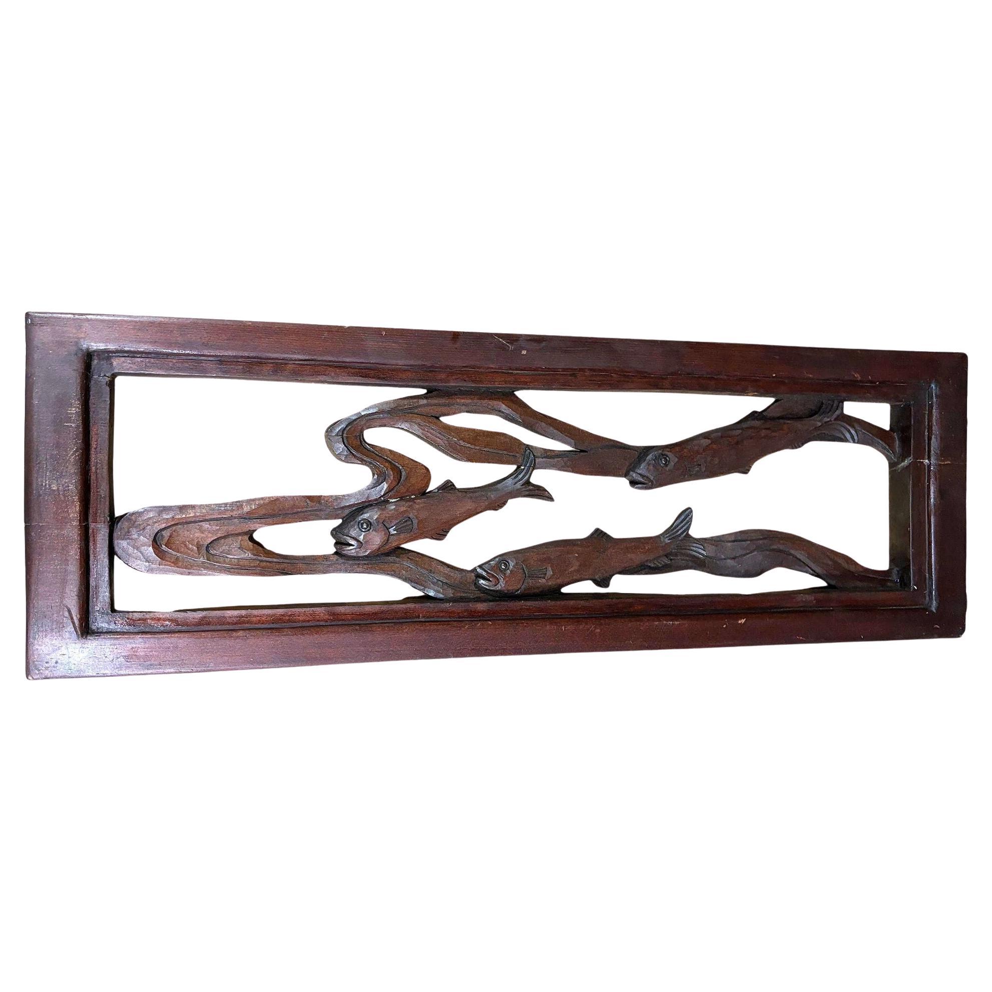 Asian Style Koi Fish Wall Hanging Cherry Wood Sculpture, Signed