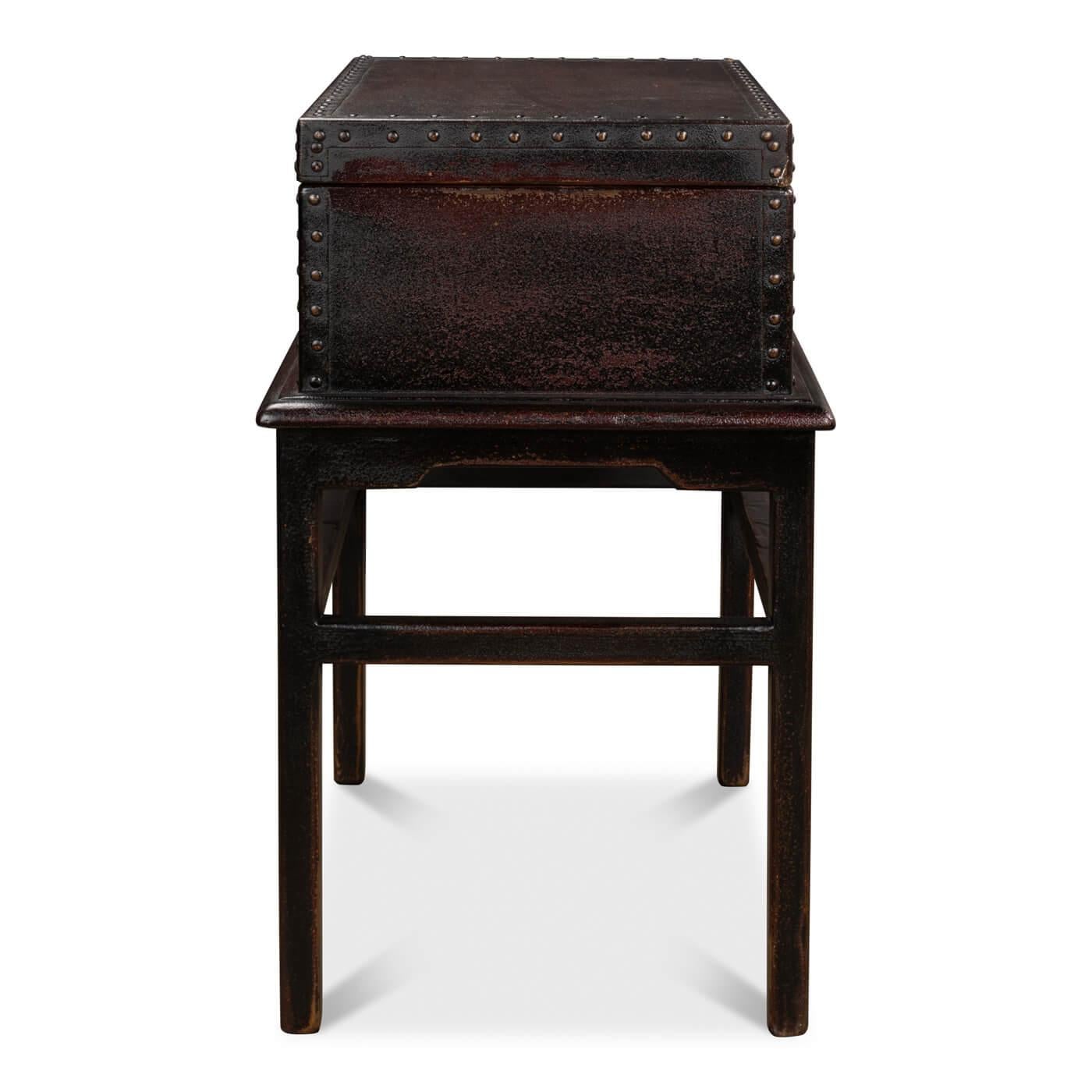 Wood Asian Style Leather Box on Stand For Sale