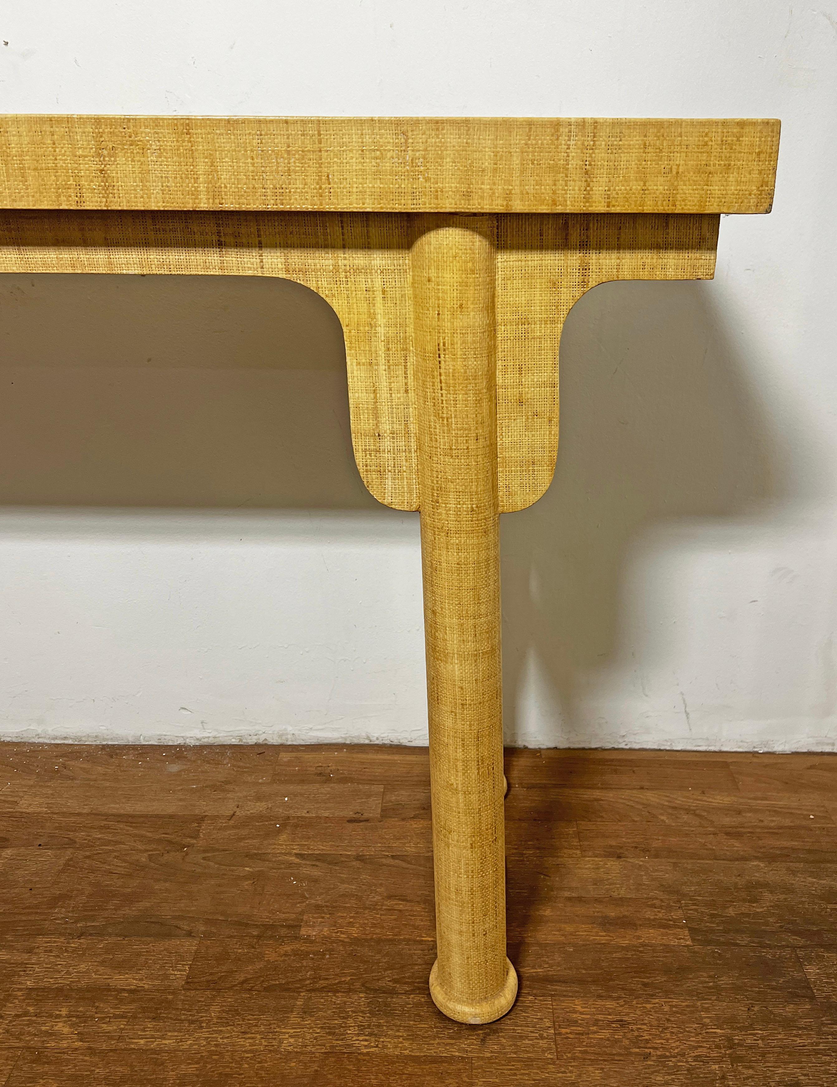 Asian Style Linen Wrapped Console Table Circa 1970s In Good Condition For Sale In Peabody, MA