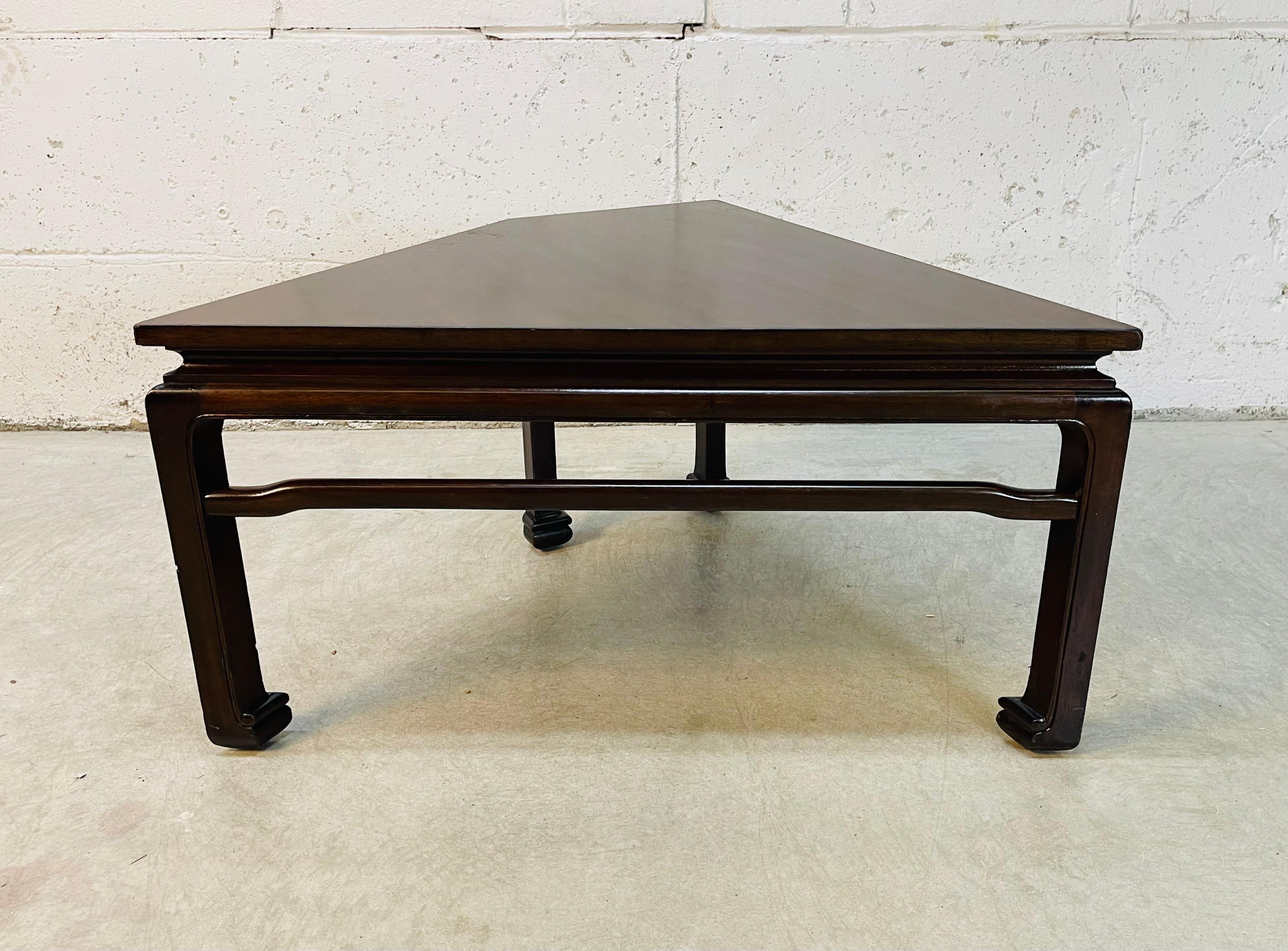 Vintage 1960s Asian style solid mahogany wood corner table. Legs have the Asian style and the smallest corner section of the table is 11.5”W. Light wear from use. No marks.