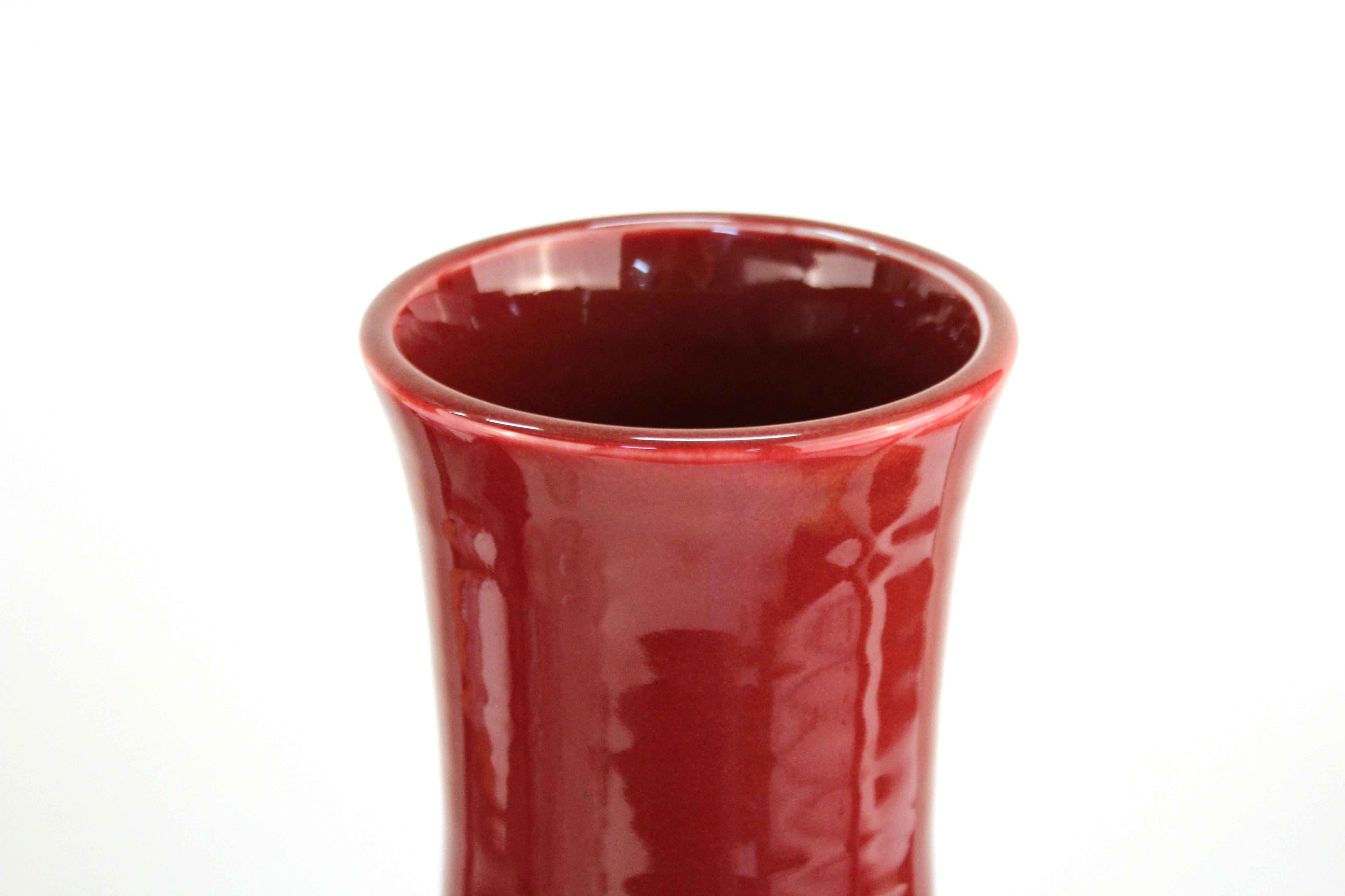 Glazed Asian Style Modern Pottery Baluster Vase with Red Glaze
