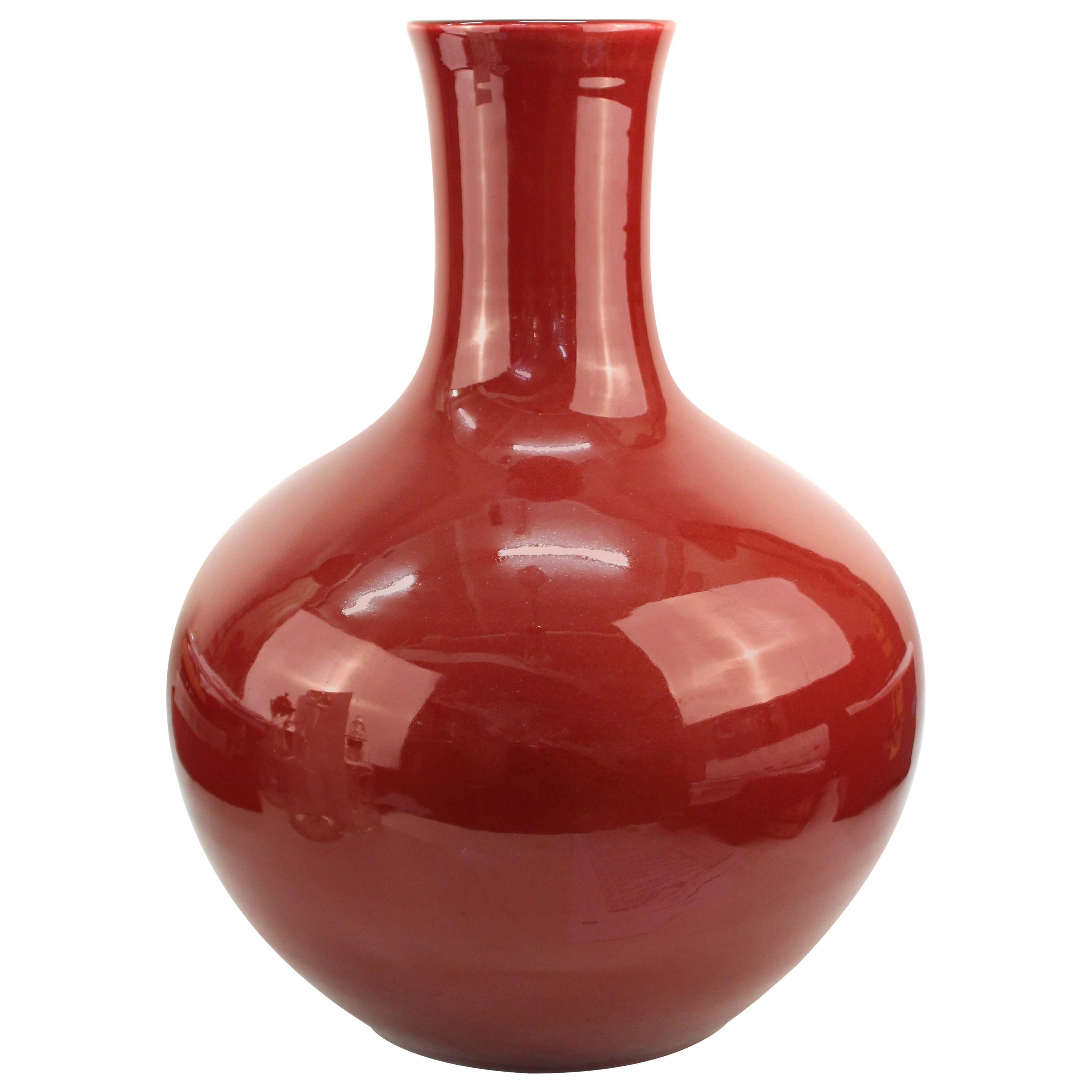 Asian Style Modern Pottery Baluster Vase with Red Glaze