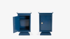 Asian Style Petite Nightstands with Brass Pulls in Marine Blue Lacquer, Pair