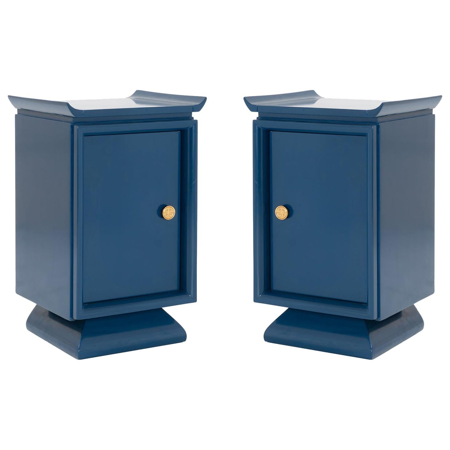 Asian Style Petite Nightstands with Brass Pulls in Marine Blue Lacquer, Pair