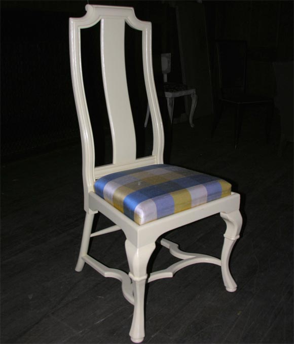 Pale yellow painted Asian style queen Anne side chair with a plaid silk covered seat cushion.