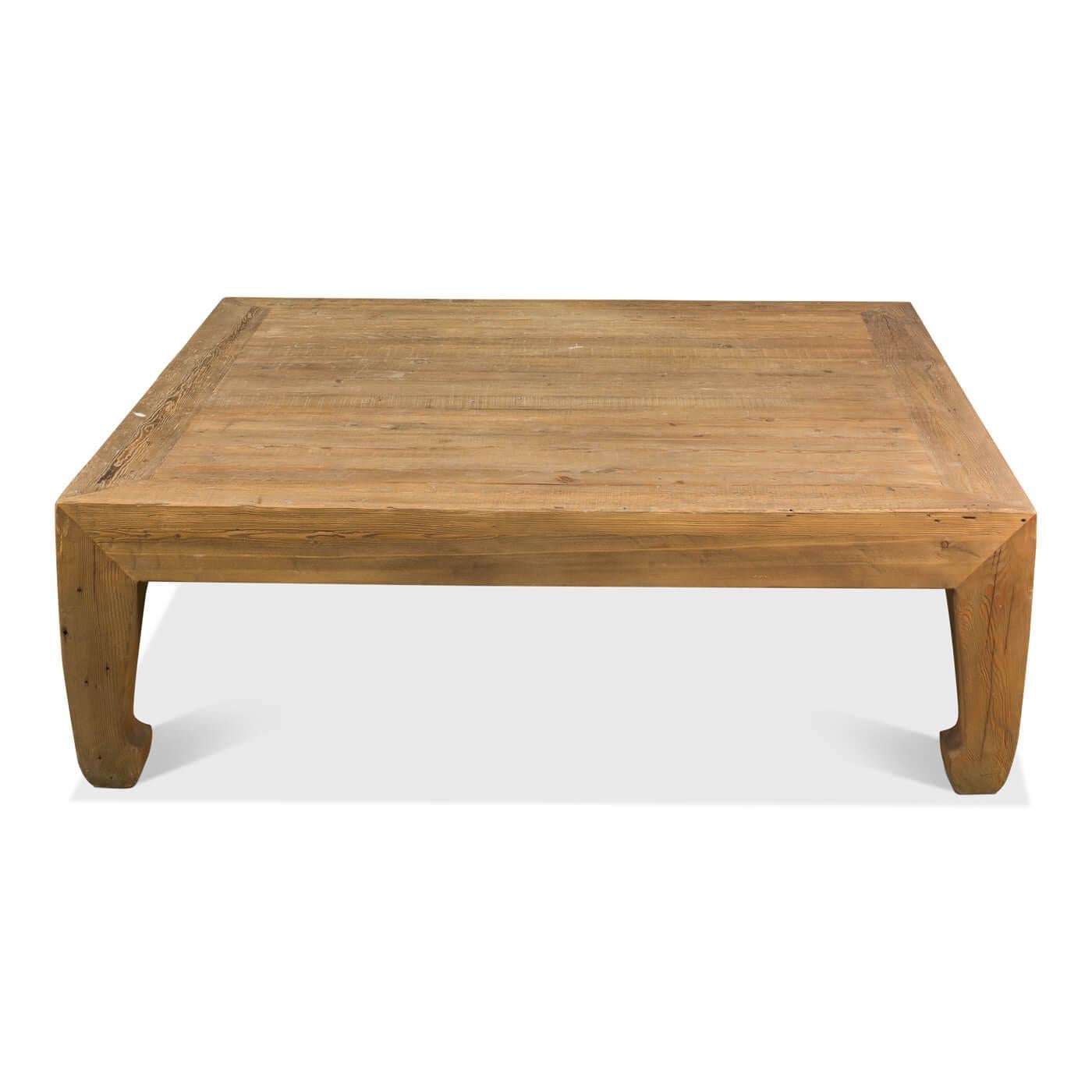 Asian-style reclaimed pine coffee table, a classic style inspired by the far east. This table is a large square shape with horse hoof-style legs, a design that dates back to the 14th century. 

Dimensions: 57