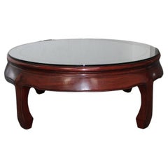 Vintage Asian Style Round Coffee Table W/ Glass Top
