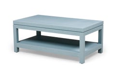 Asian Style Sky Blue Colored Raffia Wrapped Coffee Table With Reveal