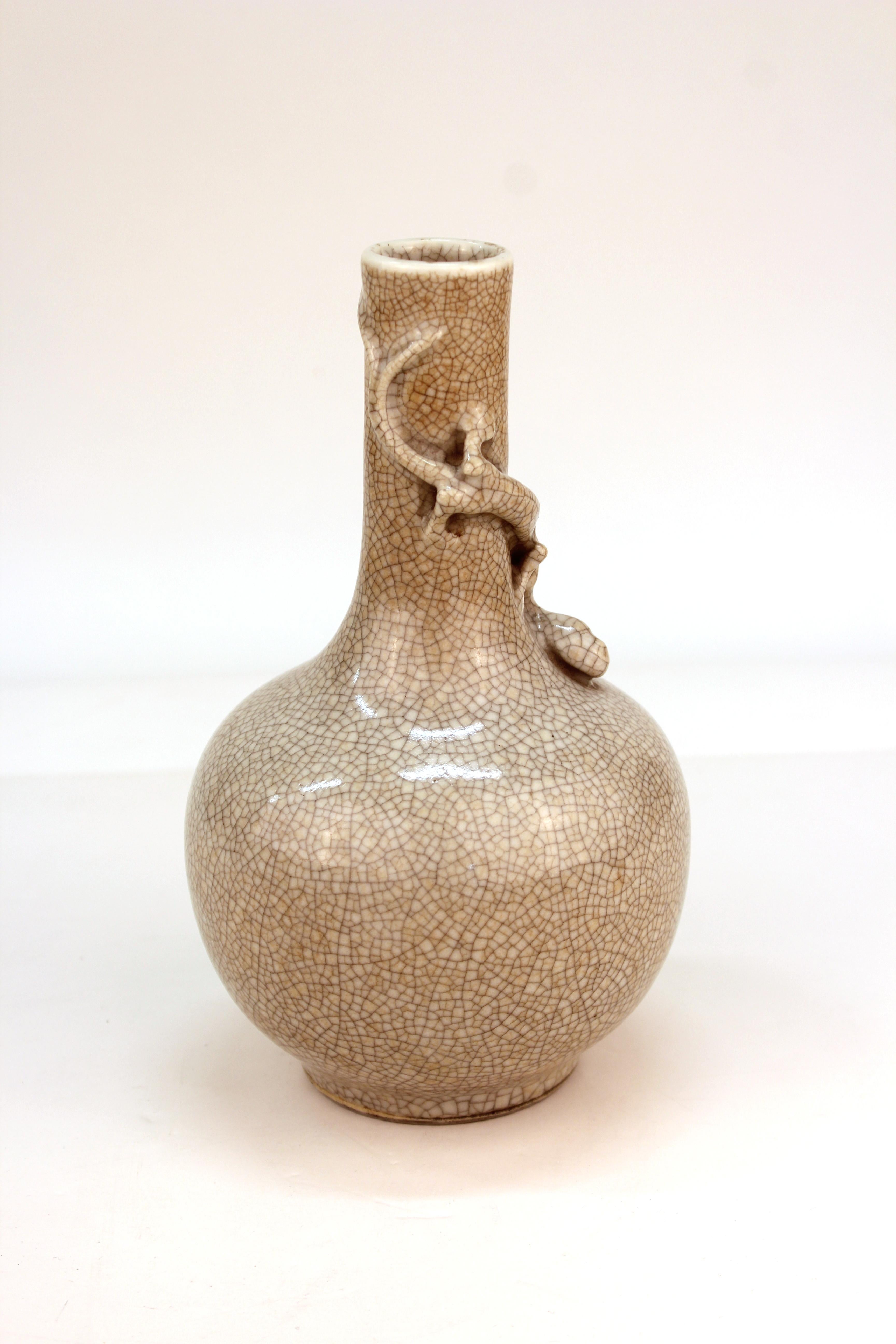 Asian Style Studio Ceramic Vase with Sculpted Salamander In Good Condition In New York, NY