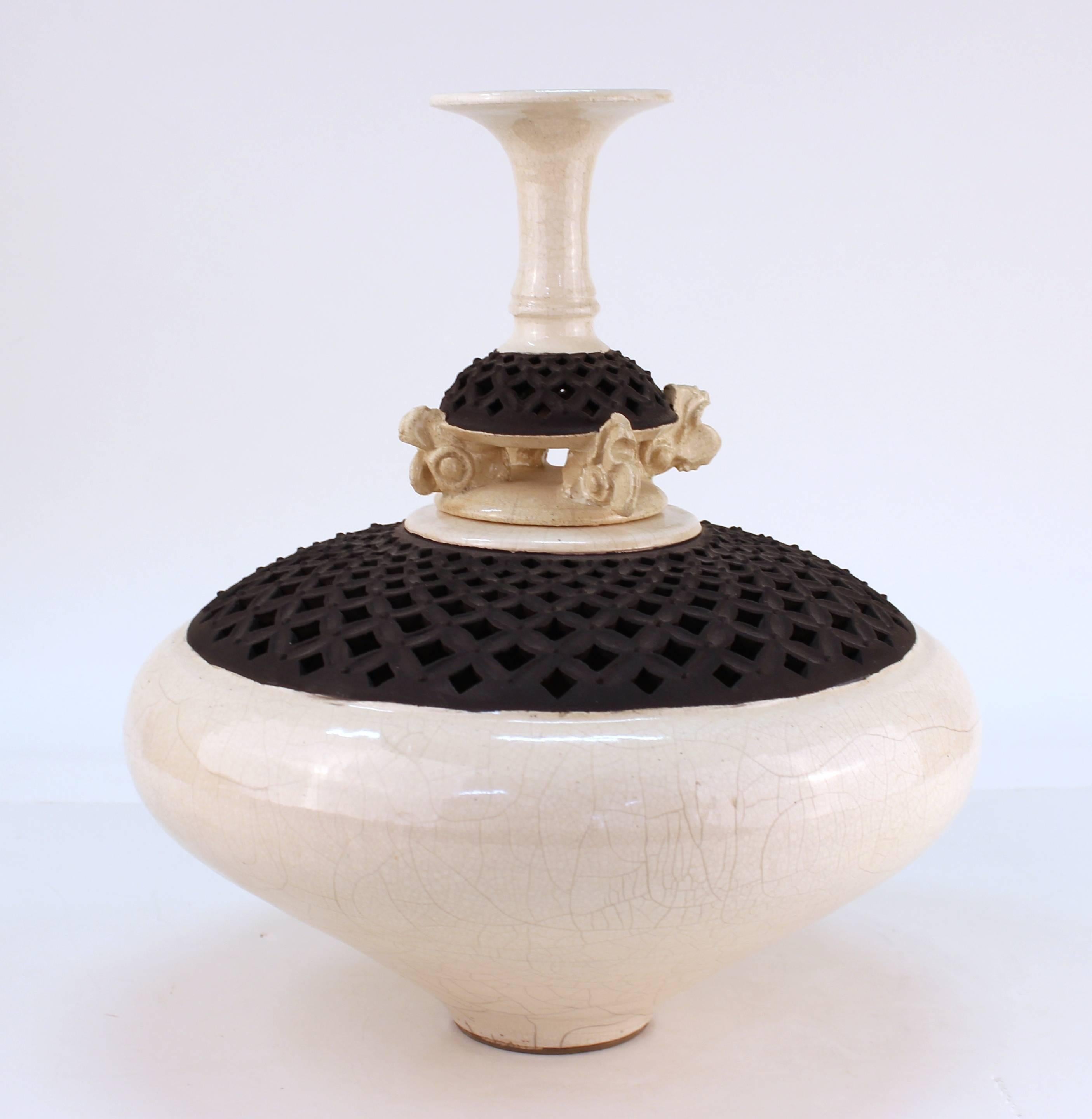 Modern Asian Style Studio Pottery Vessel with Sculptural Lid, Signed For Sale