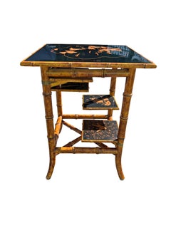 Asian Style Vintage Faux Bamboo Side or Accent Adjustable Plant Stand Table