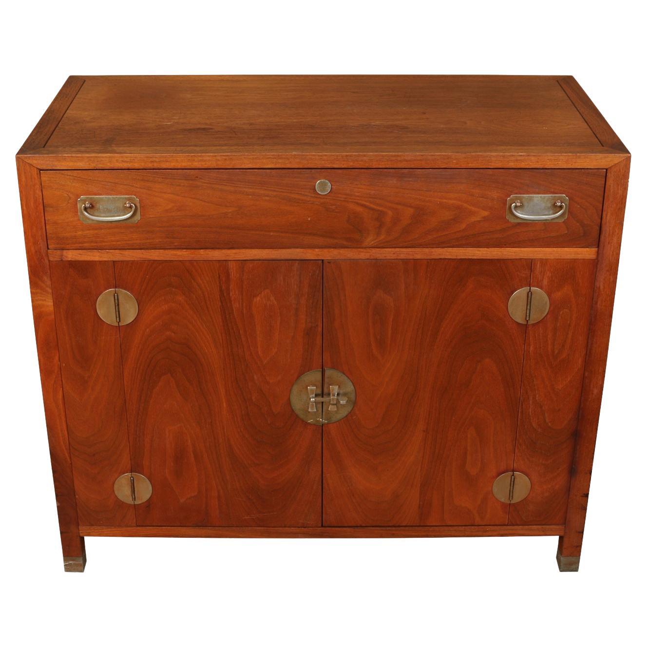 Asian Style Walnut Cabinet with Brass Details For Sale