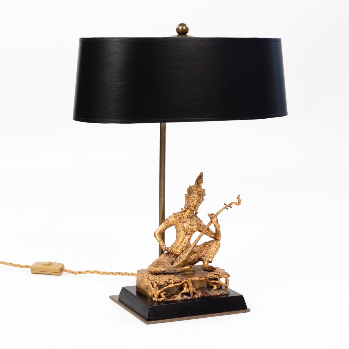 Other Asian Table Lamp of a Sitting Temple Musicien Gilded Bronze Thailand 1920s For Sale