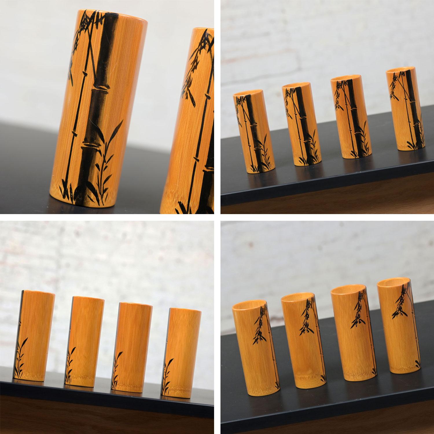 Ensemble de table asiatique 4 gobelets en bambou 4 tasses Saki 4 assiettes à dessert fabriquées au Japon en vente 6