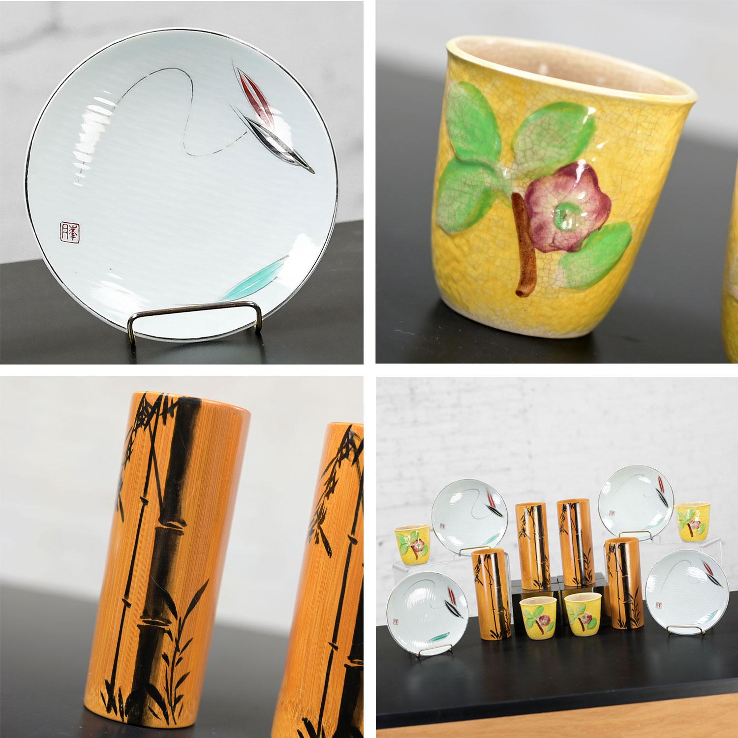 Ensemble de table asiatique 4 gobelets en bambou 4 tasses Saki 4 assiettes à dessert fabriquées au Japon en vente 2