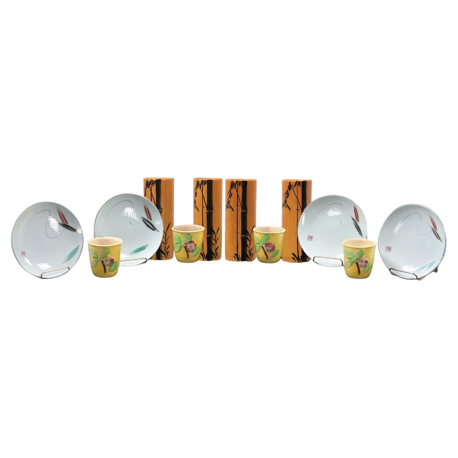 Asian Tabletop Set 4 Bamboo Tumblers 4 Saki Cups 4 Dessert Plates Made In Japan