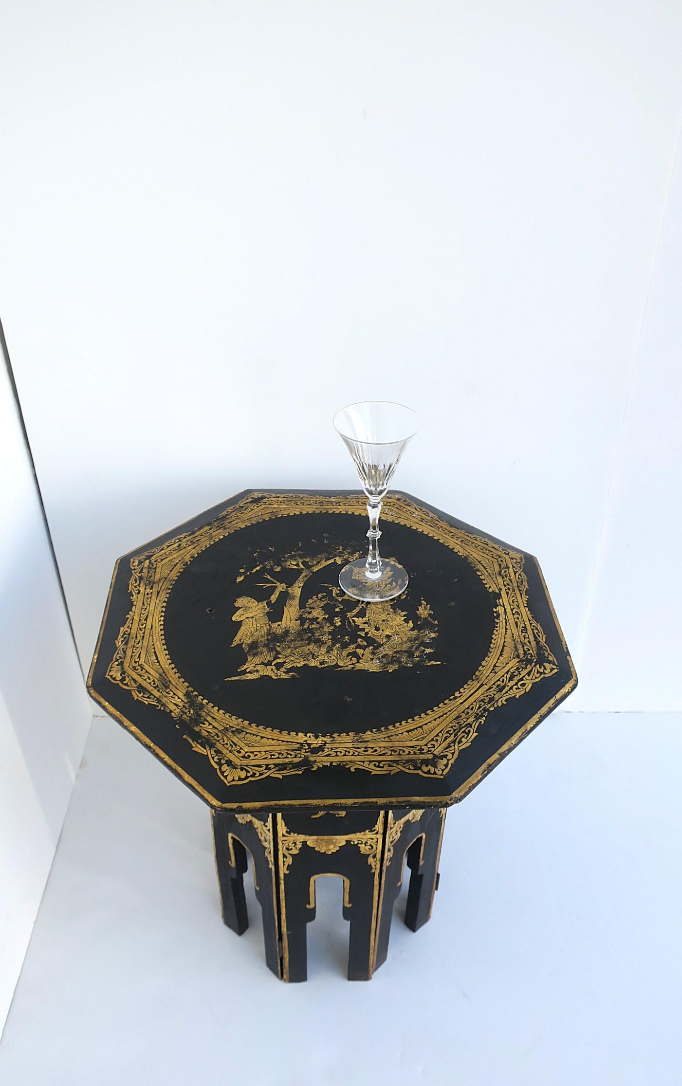 Wood Asian Tabouret Side Table Black and Gold, Burma For Sale