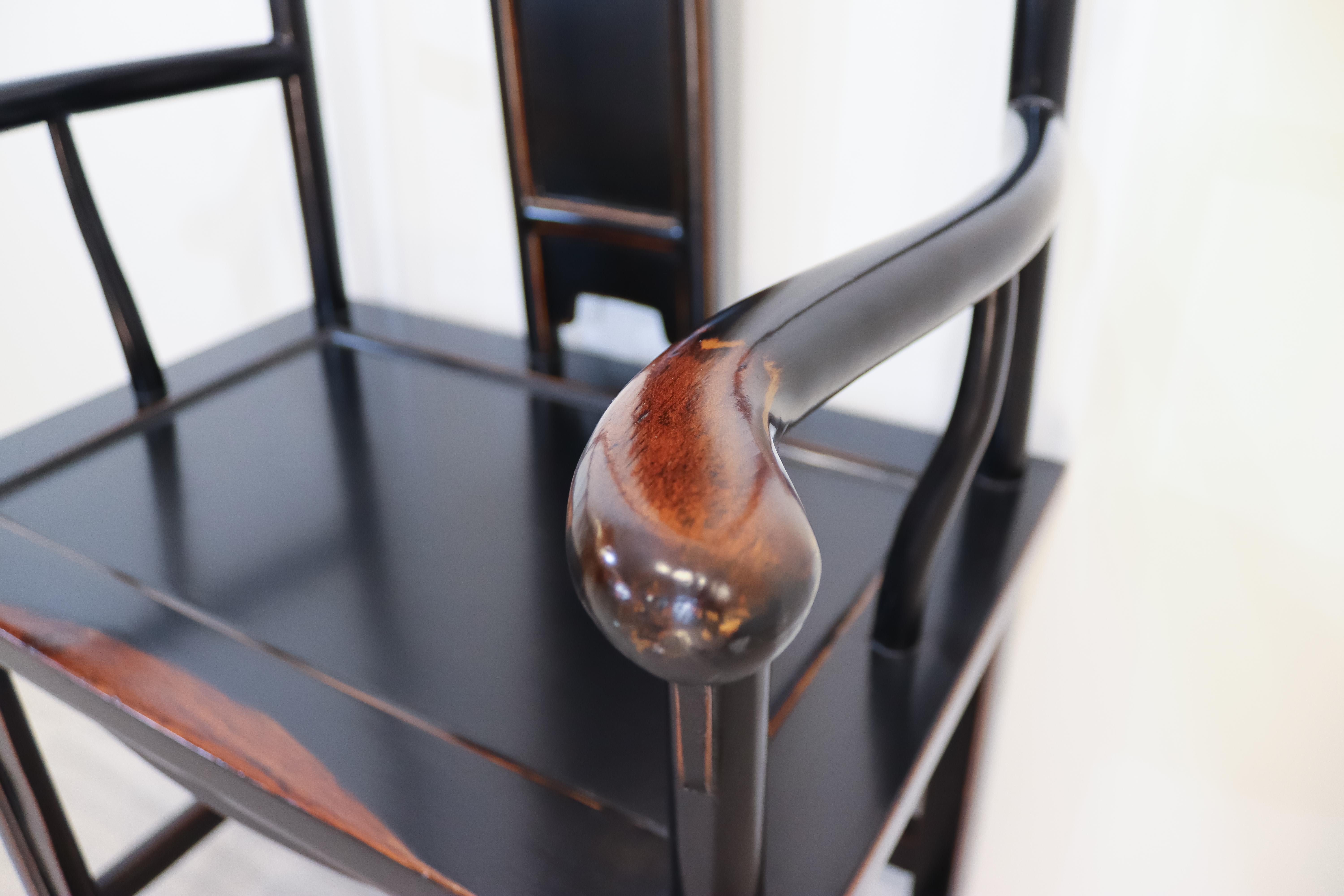 20th Century Asian Tall Black Wood Chair w Red Glaze High Back Vintage Style