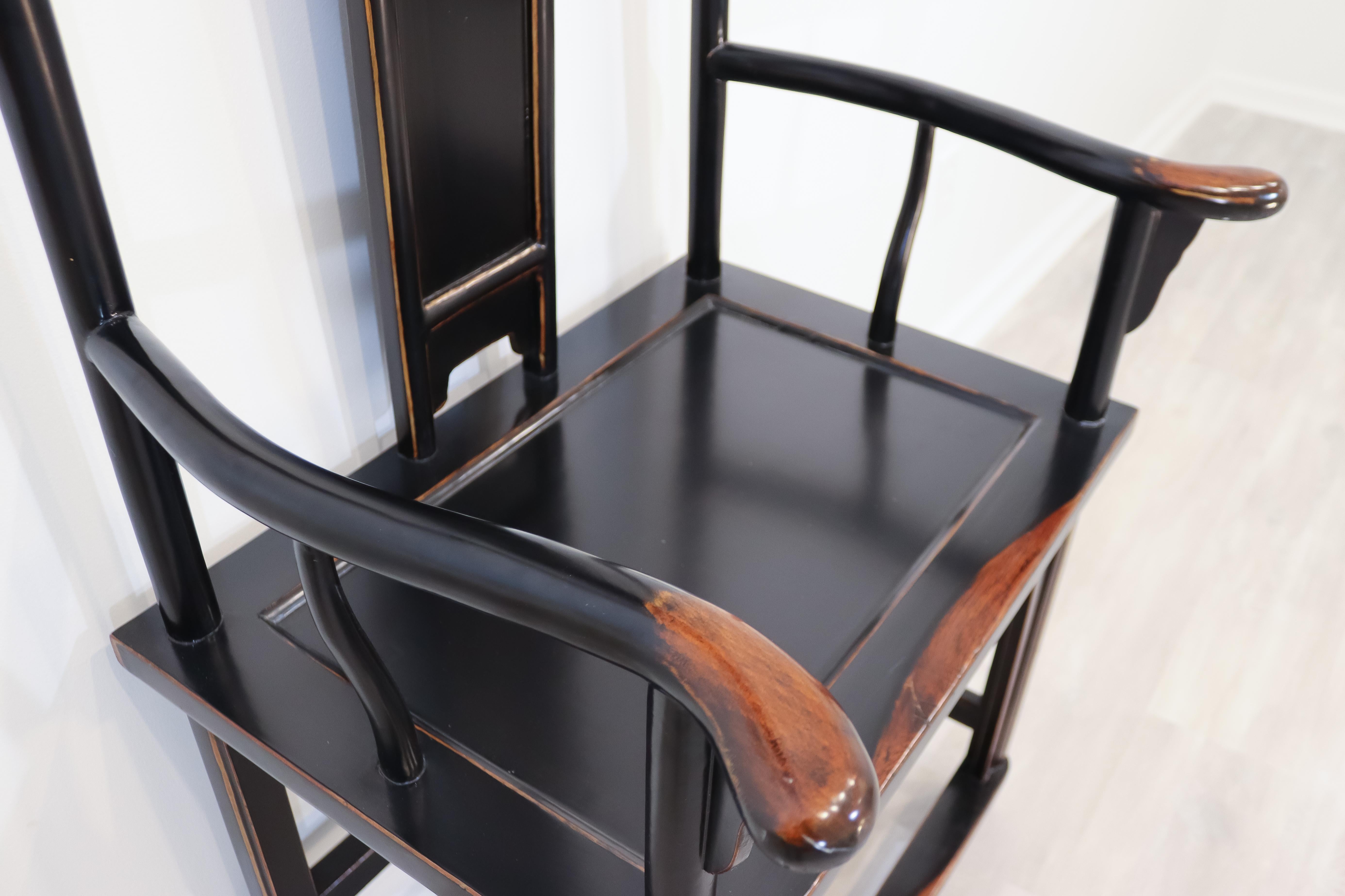 Asian Tall Black Wood Chair w Red Glaze High Back Vintage Style 2