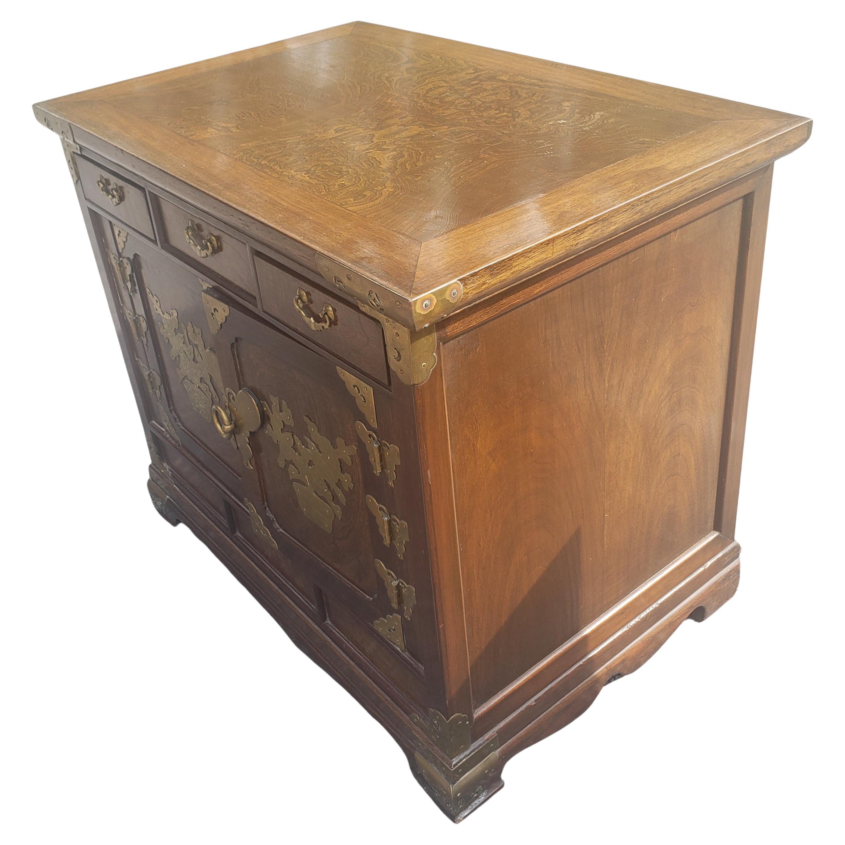 Tang Asian Tansu Banded Burl Top Side Tables Cabinets, a Pair  For Sale