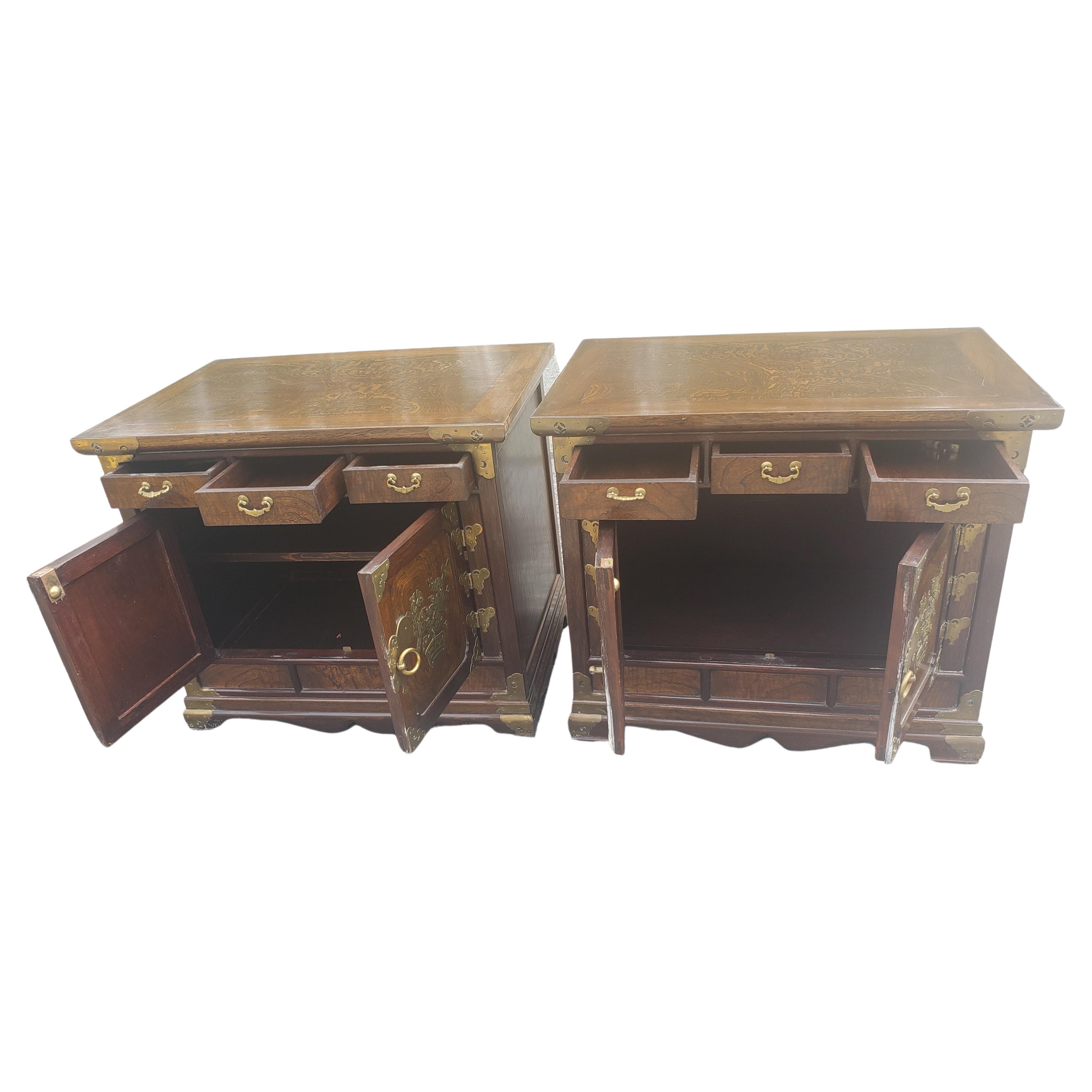 Hong Kong Asian Tansu Banded Burl Top Side Tables Cabinets, a Pair  For Sale