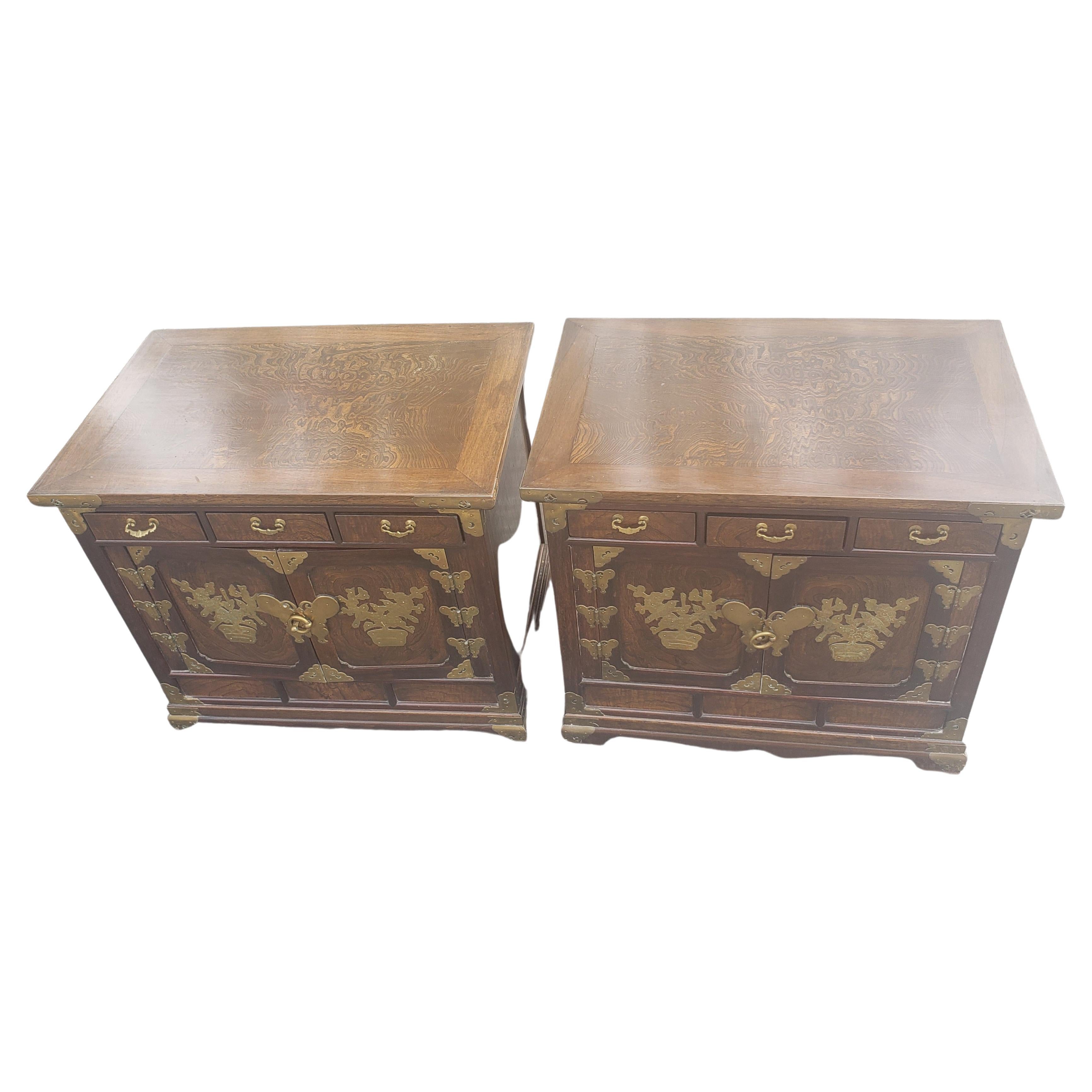 Brass Asian Tansu Banded Burl Top Side Tables Cabinets, a Pair  For Sale