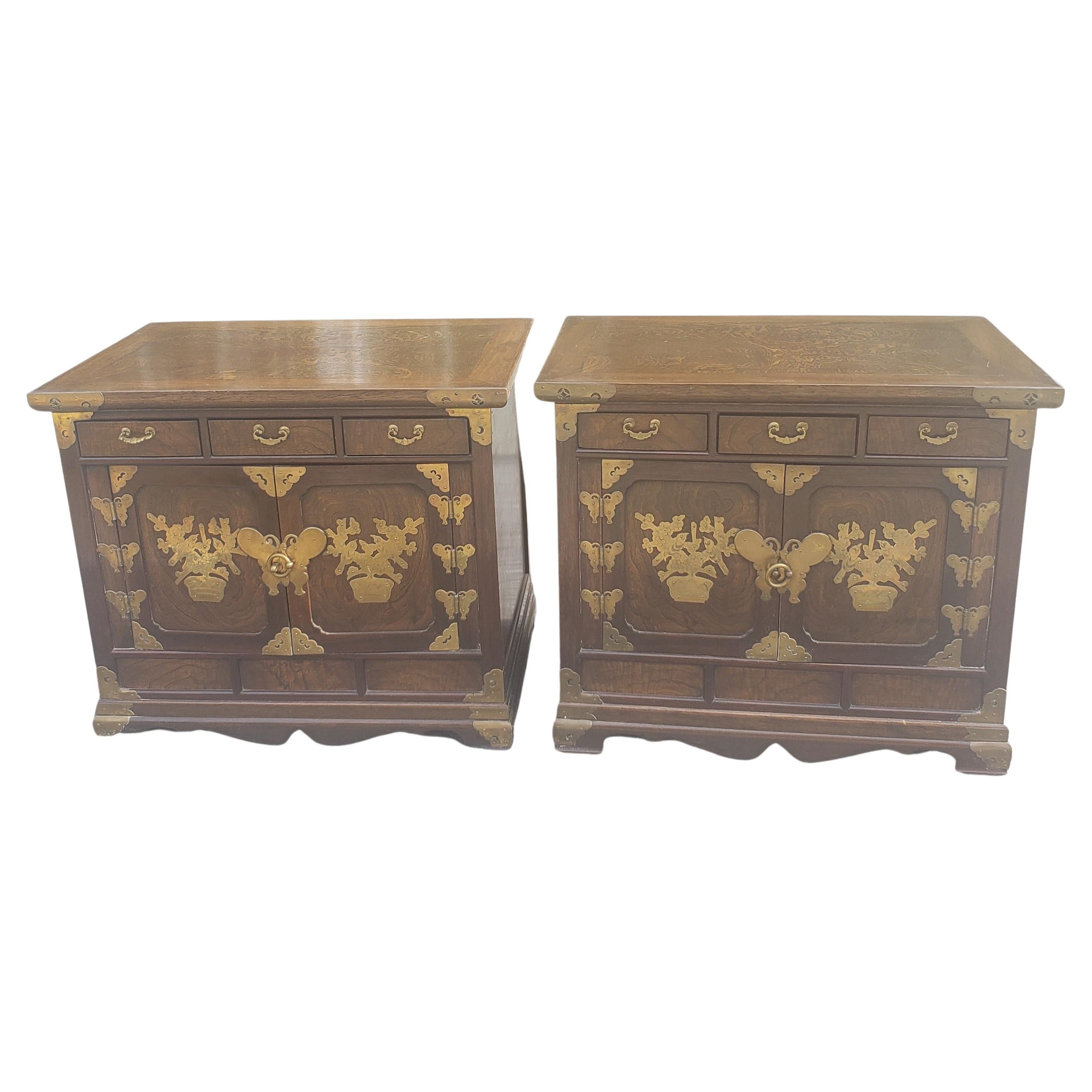 Asian Tansu Banded Burl Top Side Tables Cabinets, a Pair  For Sale