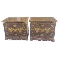 Asian Tansu Banded Burl Top Side Tables Cabinets, a Pair