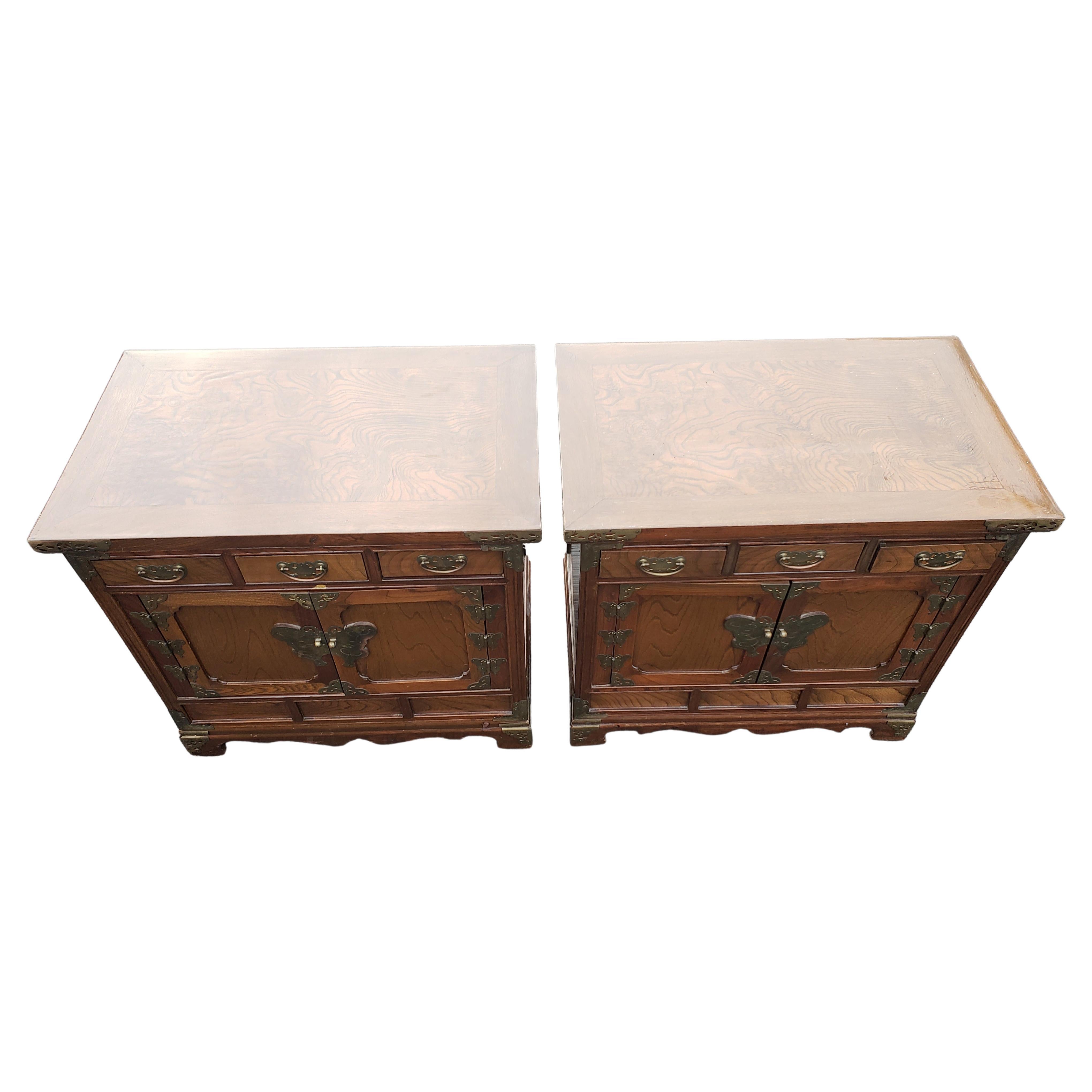 Anglo-Japanese Tansu Campaign Walnut Burl w/ Brass Fittings Nightstands Side Tables, C. 1930s