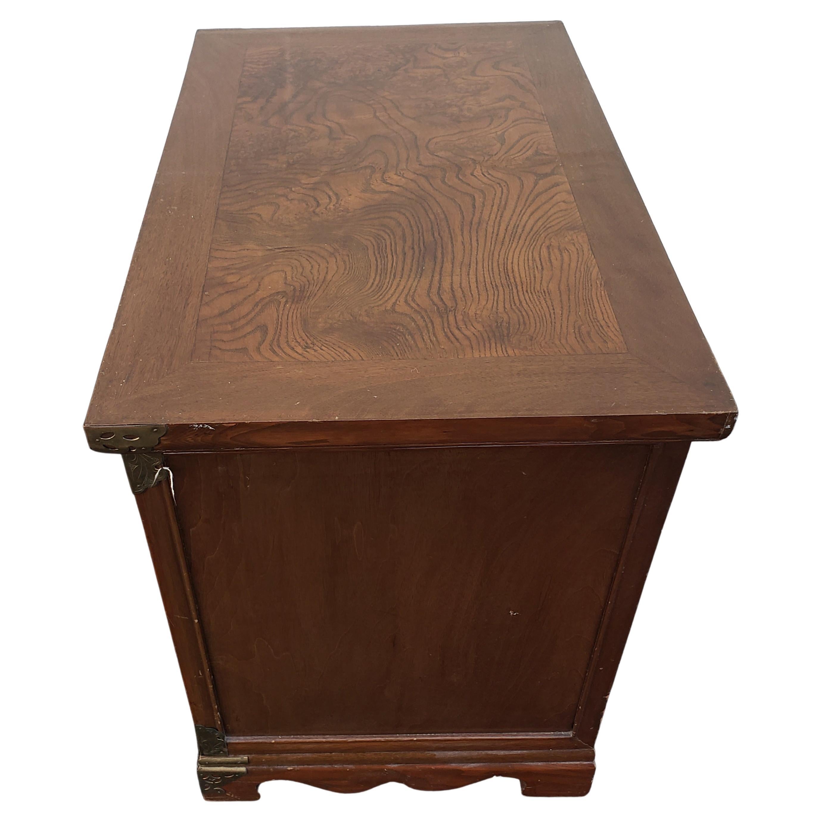 Woodwork Tansu Campaign Walnut Burl w/ Brass Fittings Nightstands Side Tables, C. 1930s