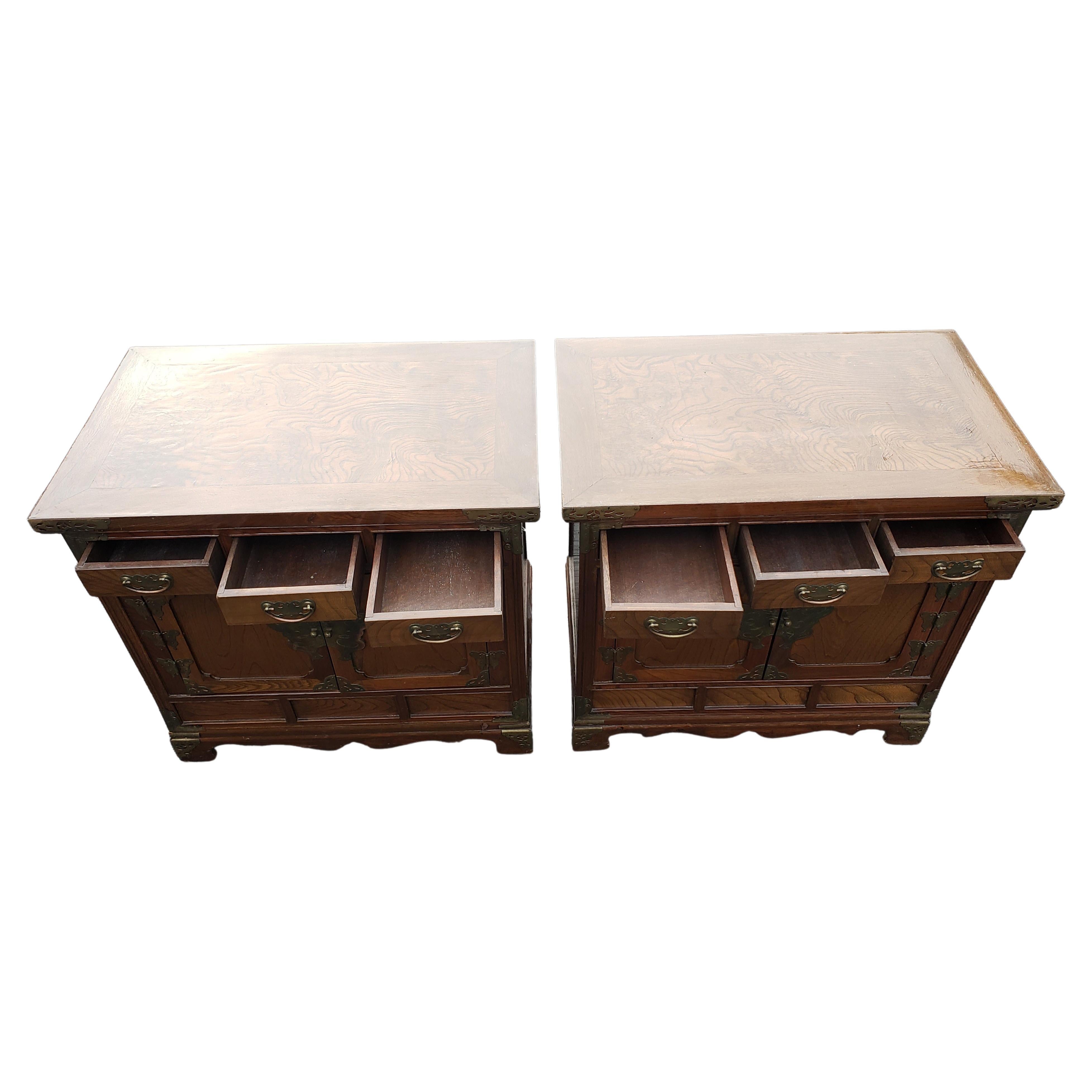Mid-20th Century Tansu Campaign Walnut Burl w/ Brass Fittings Nightstands Side Tables, C. 1930s