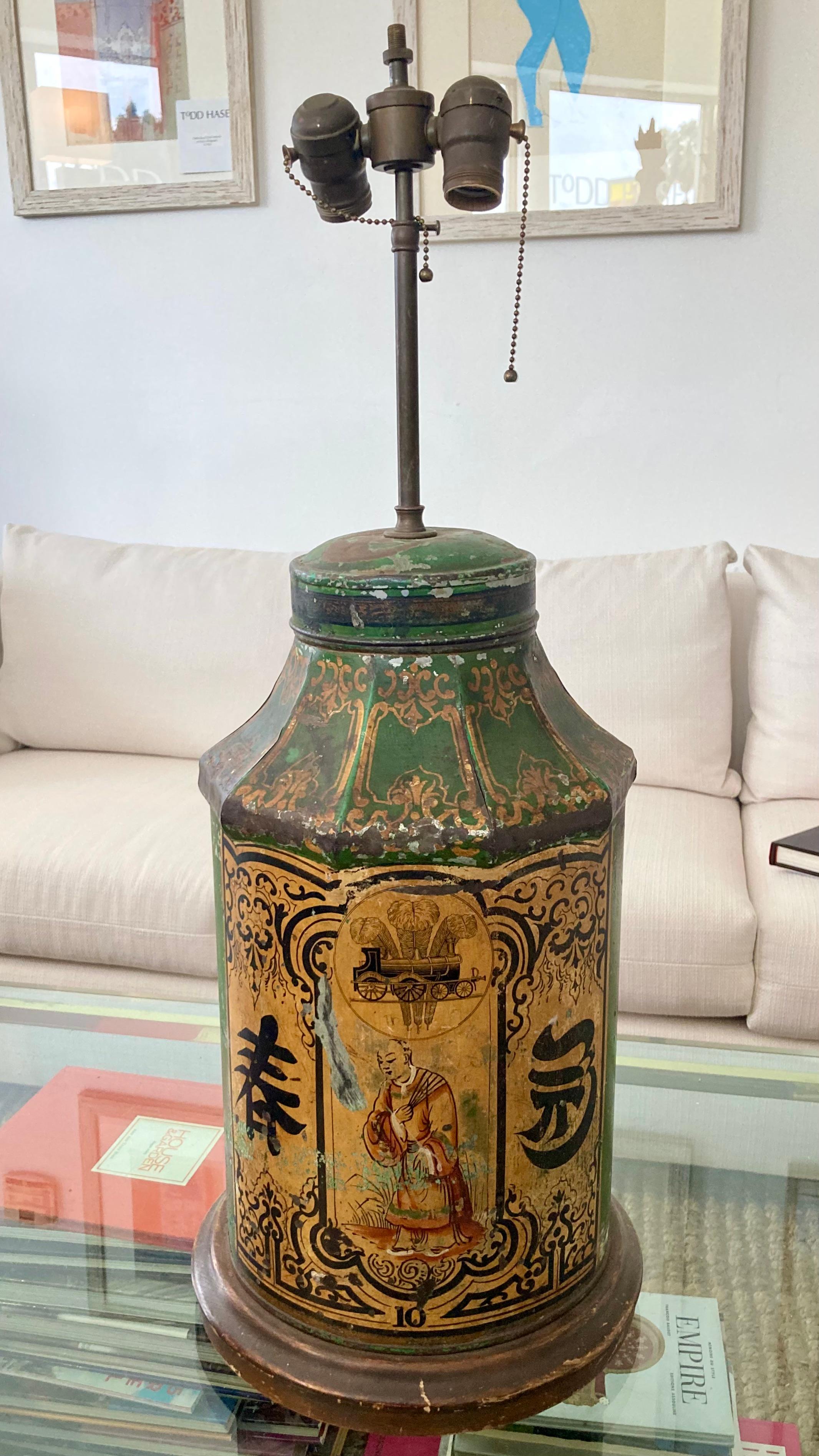 Beautiful Asian tea canister converted into a lamp. Great addition to your Chinoiserie inspired interiors and table tops.