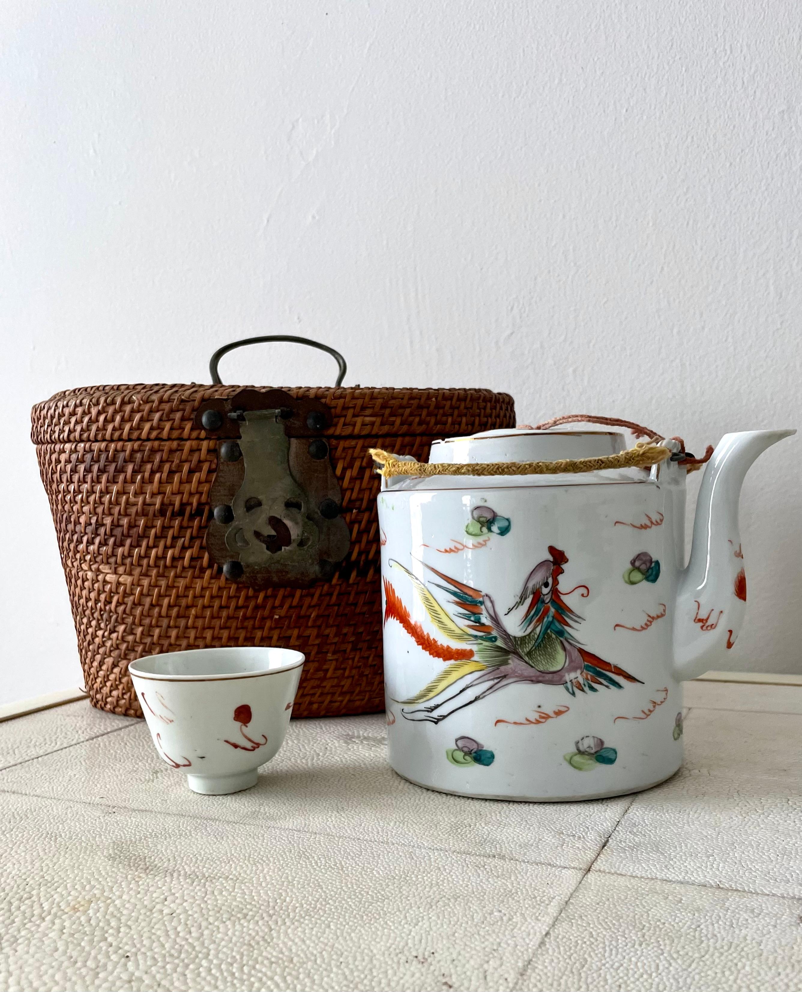 Asian Tea Set with Hand Woven Wicker Carrying Warmer Basket, Teapot and Mugs For Sale 5