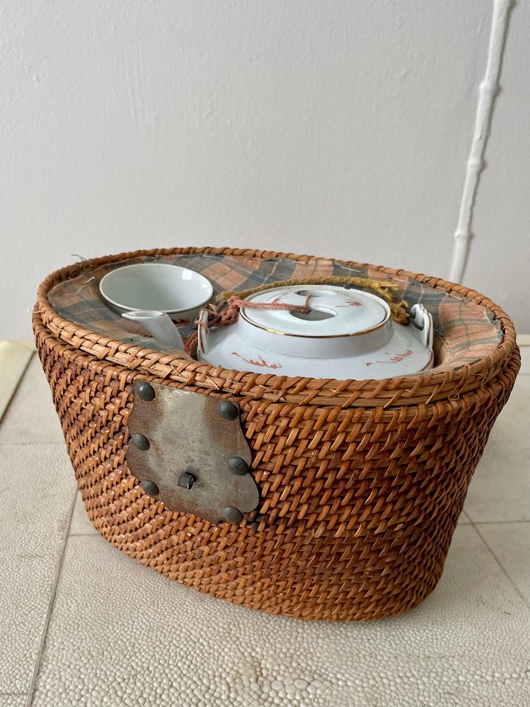 Asian Tea Set with Hand Woven Wicker Carrying Warmer Basket, Teapot and