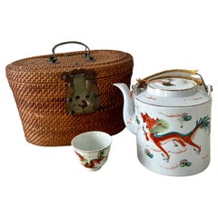 Asian Tea Set with Hand Woven Wicker Carrying Warmer Basket, Teapot and Mugs