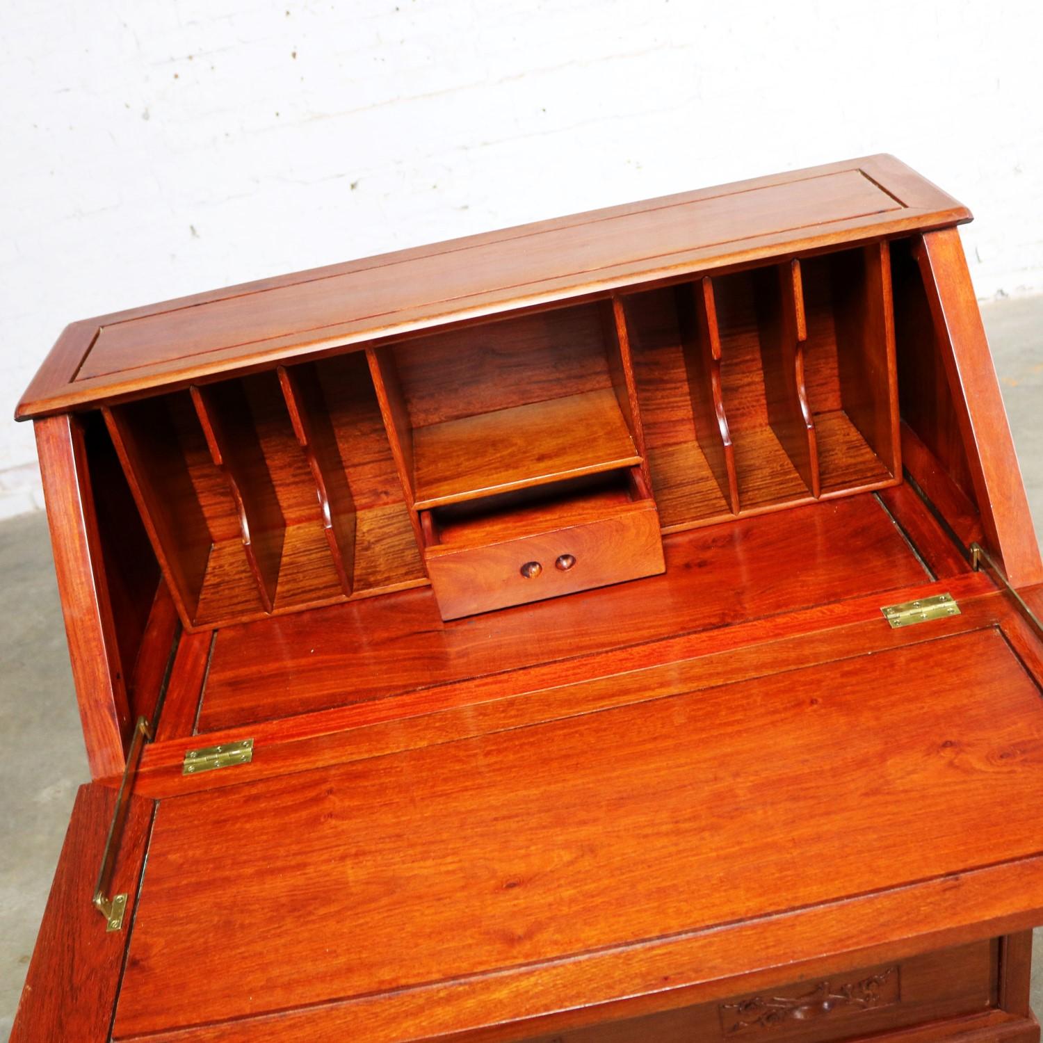 Asian Teak Hand Carved Drop Front Compartmentalized Desk Style of George Zee For Sale 9