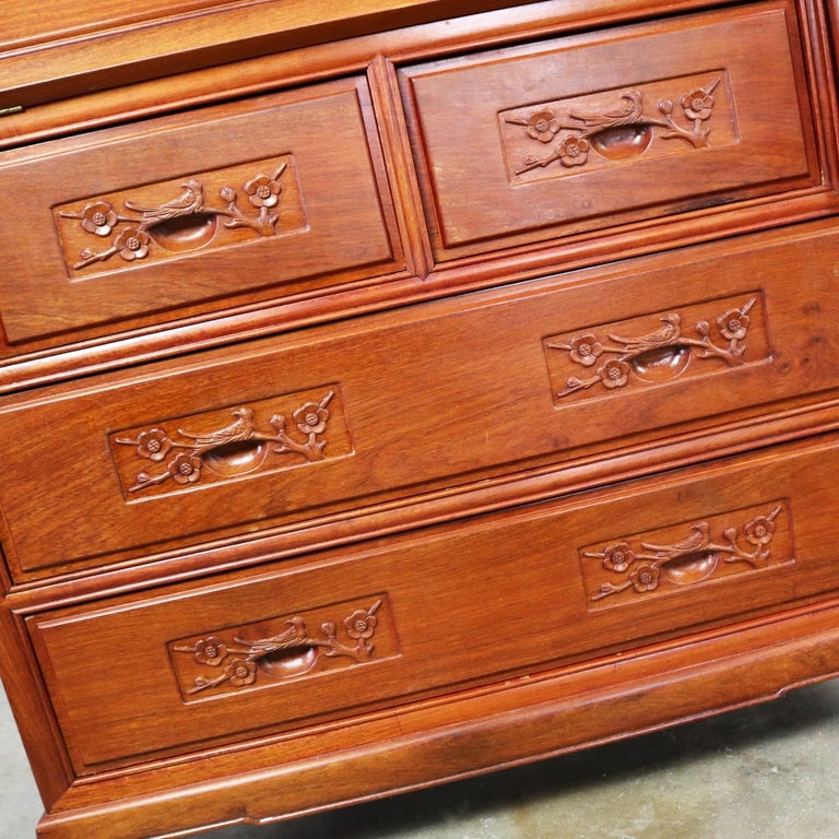 Asian Teak Hand Carved Drop Front Compartmentalized Desk Style of