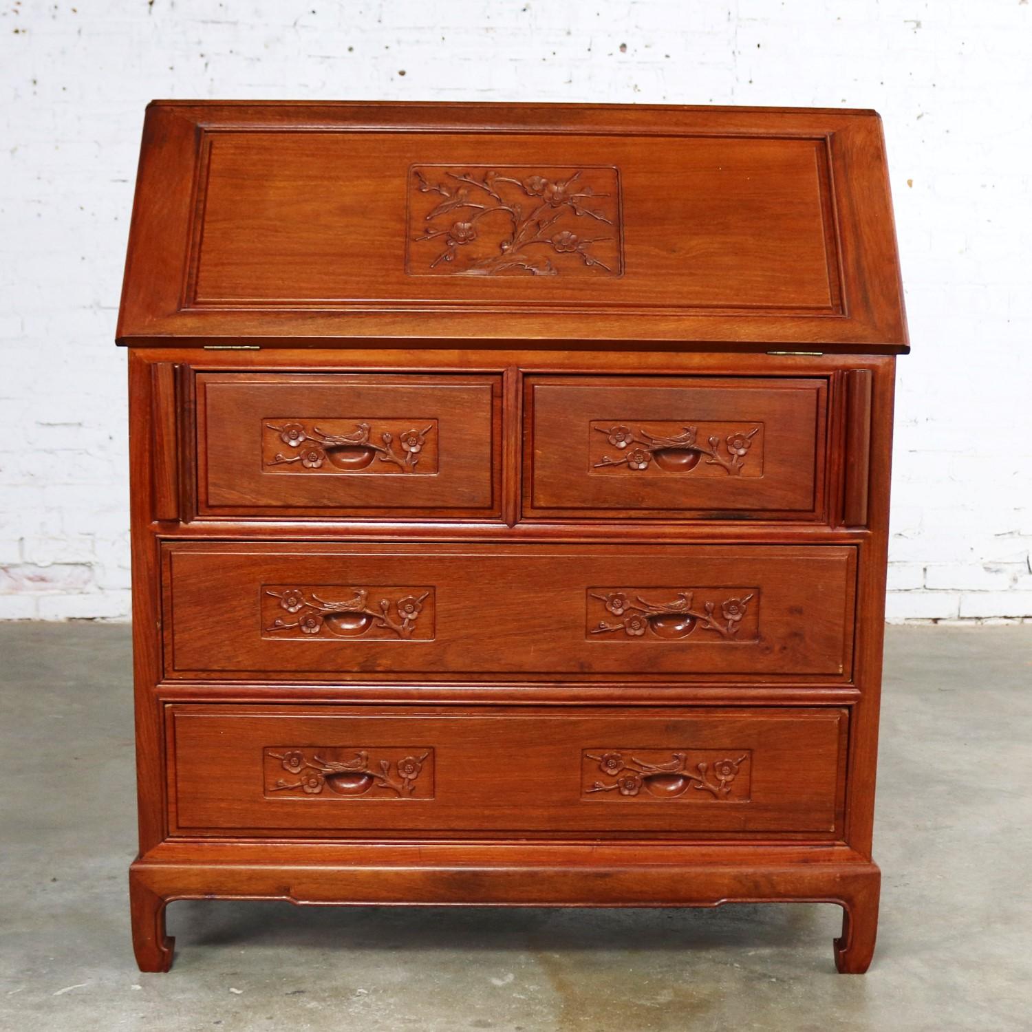 Chinoiserie Asian Teak Hand Carved Drop Front Compartmentalized Desk Style of George Zee For Sale