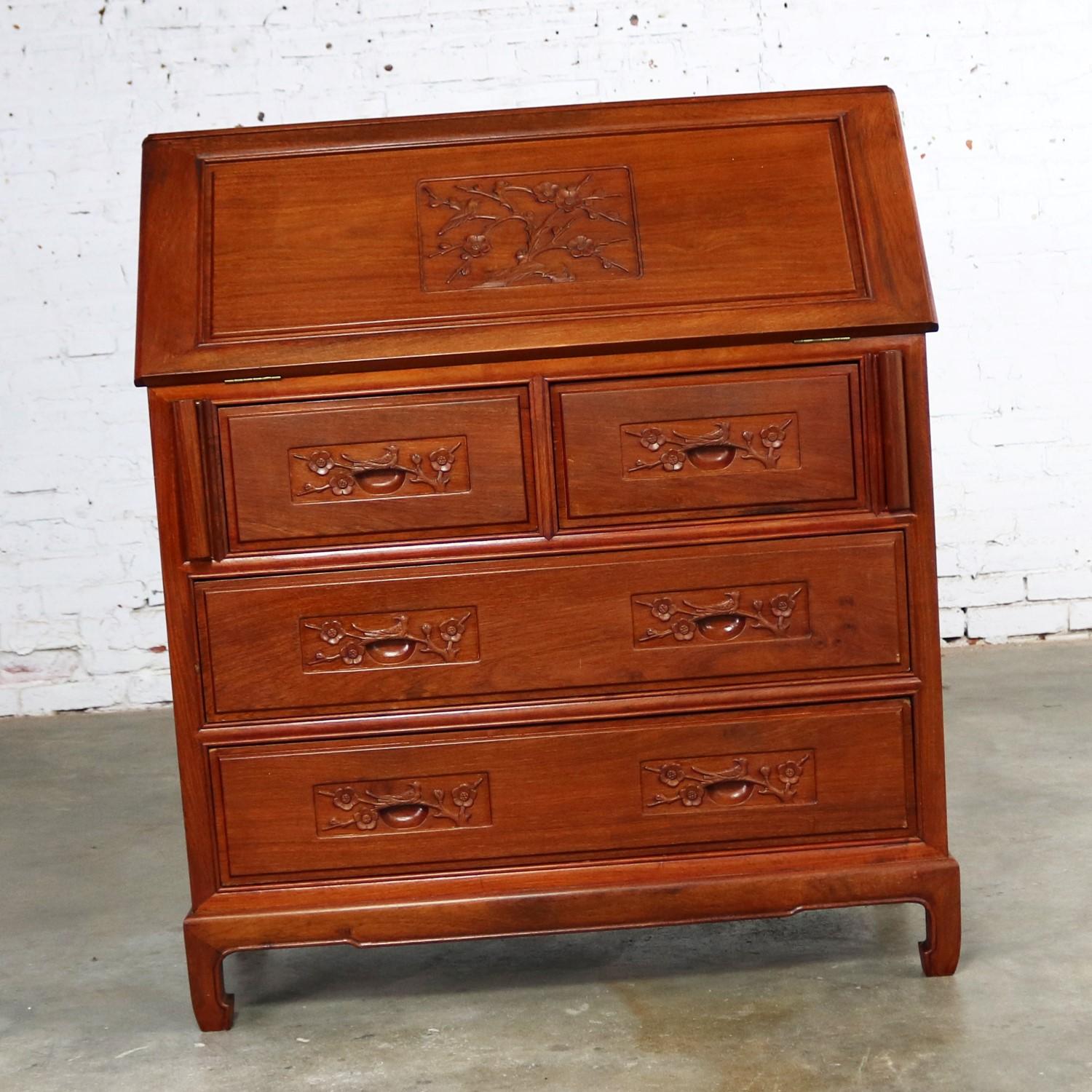 Chinese Asian Teak Hand Carved Drop Front Compartmentalized Desk Style of George Zee For Sale