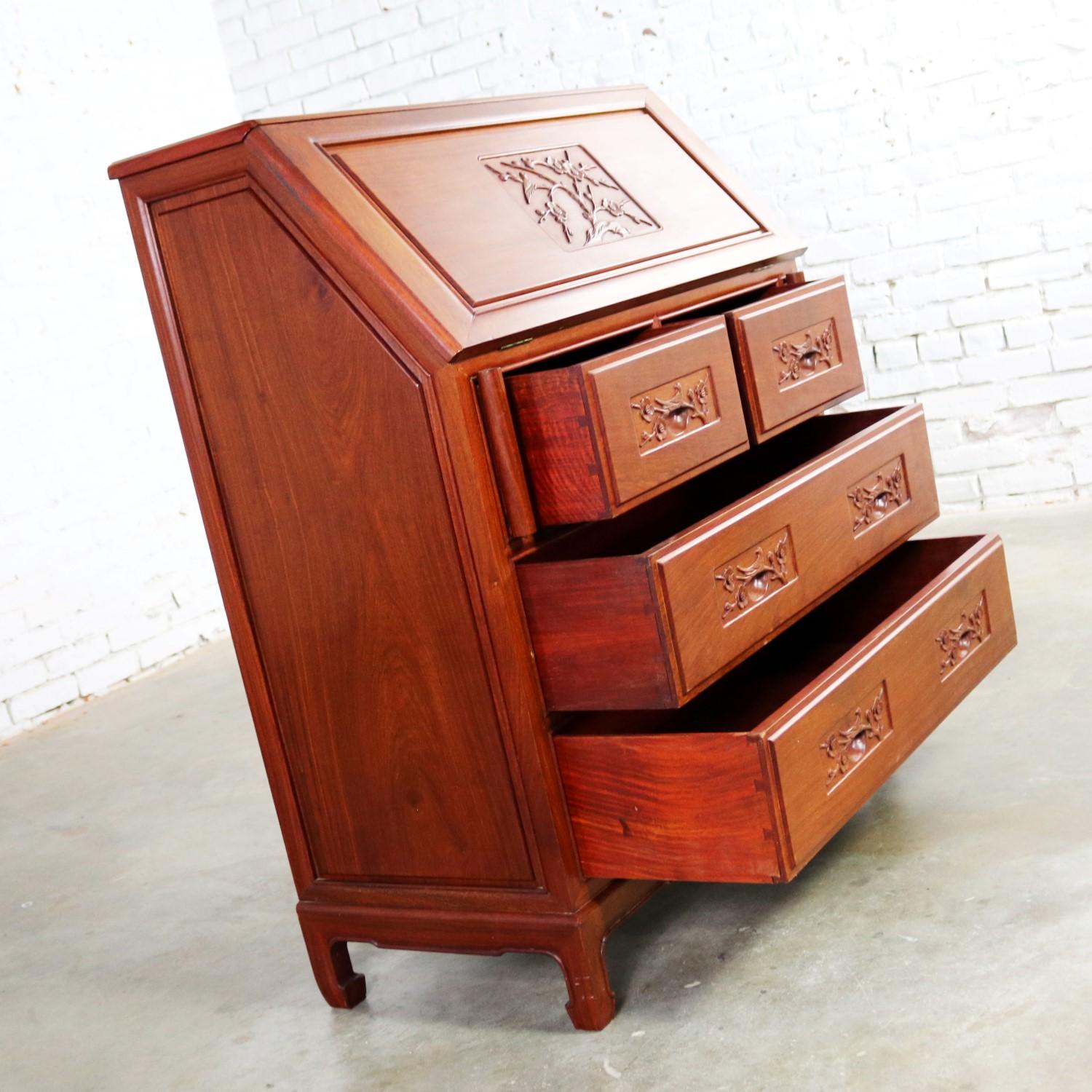 Asian Teak Hand Carved Drop Front Compartmentalized Desk Style of George Zee In Good Condition For Sale In Topeka, KS