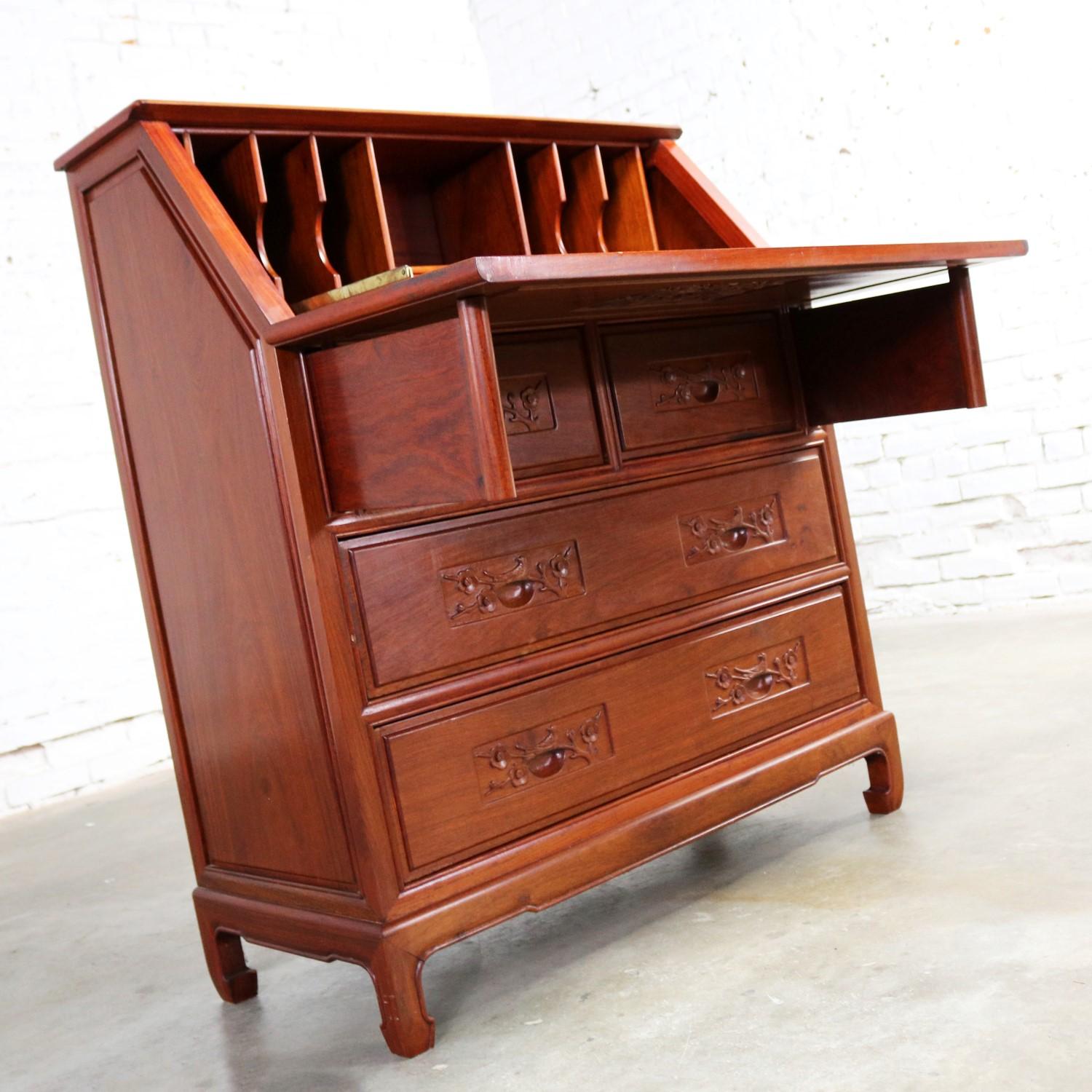 20th Century Asian Teak Hand Carved Drop Front Compartmentalized Desk Style of George Zee For Sale