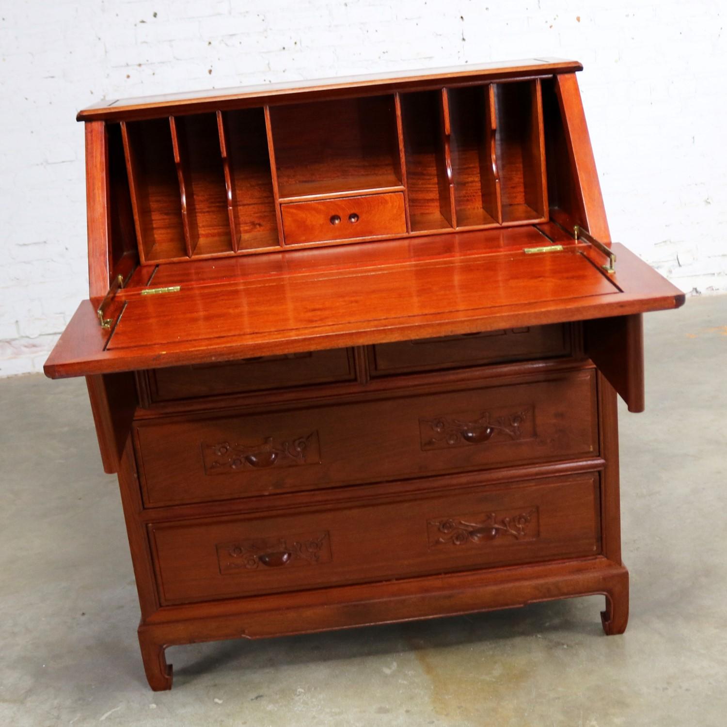 Asian Teak Hand Carved Drop Front Compartmentalized Desk Style of George Zee For Sale 1