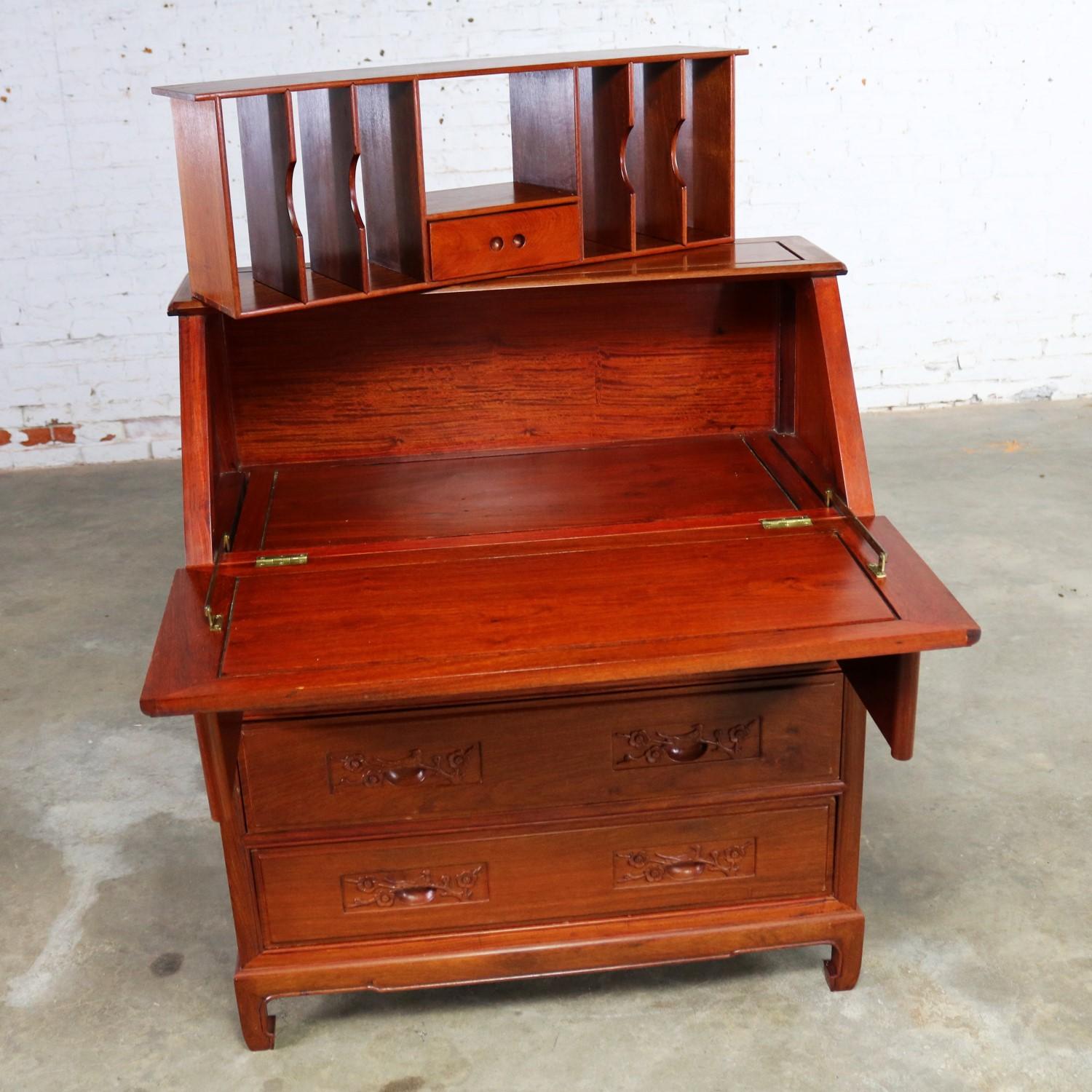 Asian Teak Hand Carved Drop Front Compartmentalized Desk Style of George Zee For Sale 2