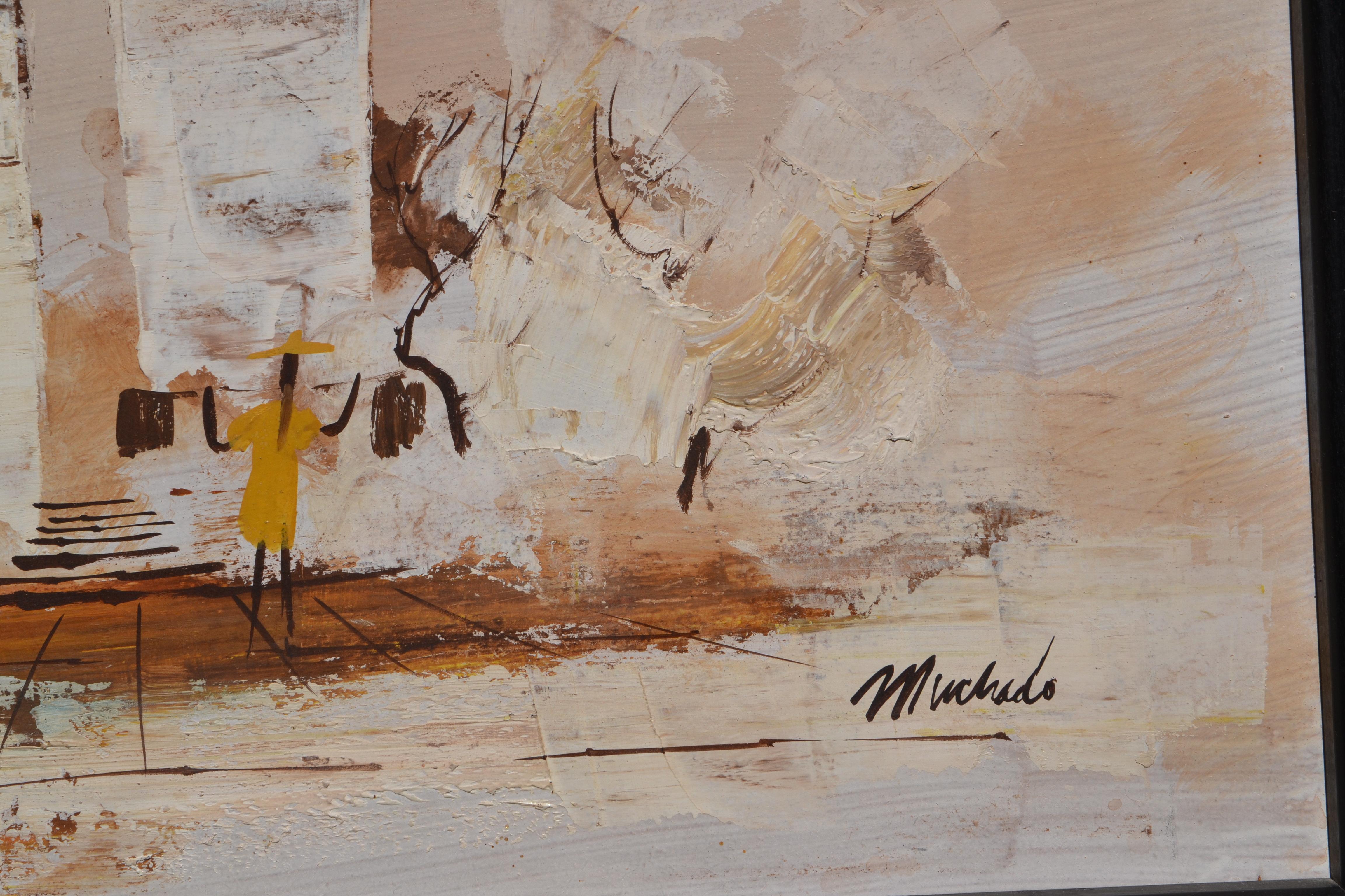 Landscape painting was done with Acrylic on a board. 
This neutral color palette used by the artist Muchado, makes this piece complimentary to any room or environment. 
 