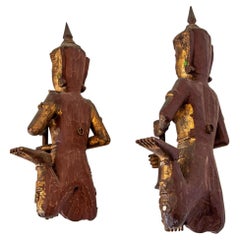 Asian Thai Angel Figures of Musicians Wood Sculptures
