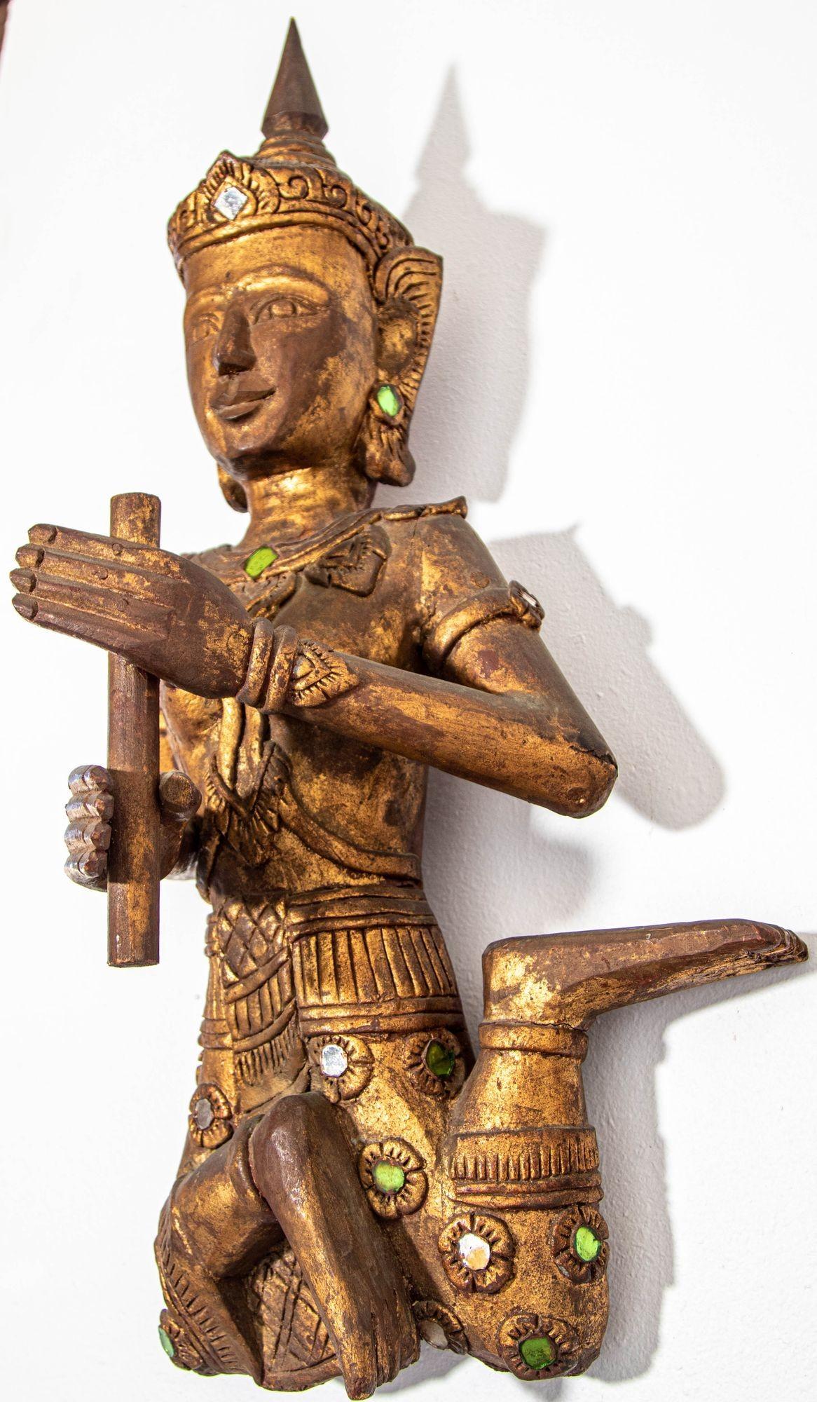 Angel Asiático Tailandés Figuras de Músicos Esculturas de Madera en venta 2