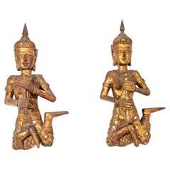 Asian Thai Angel Figures of Musicians Wood Sculptures