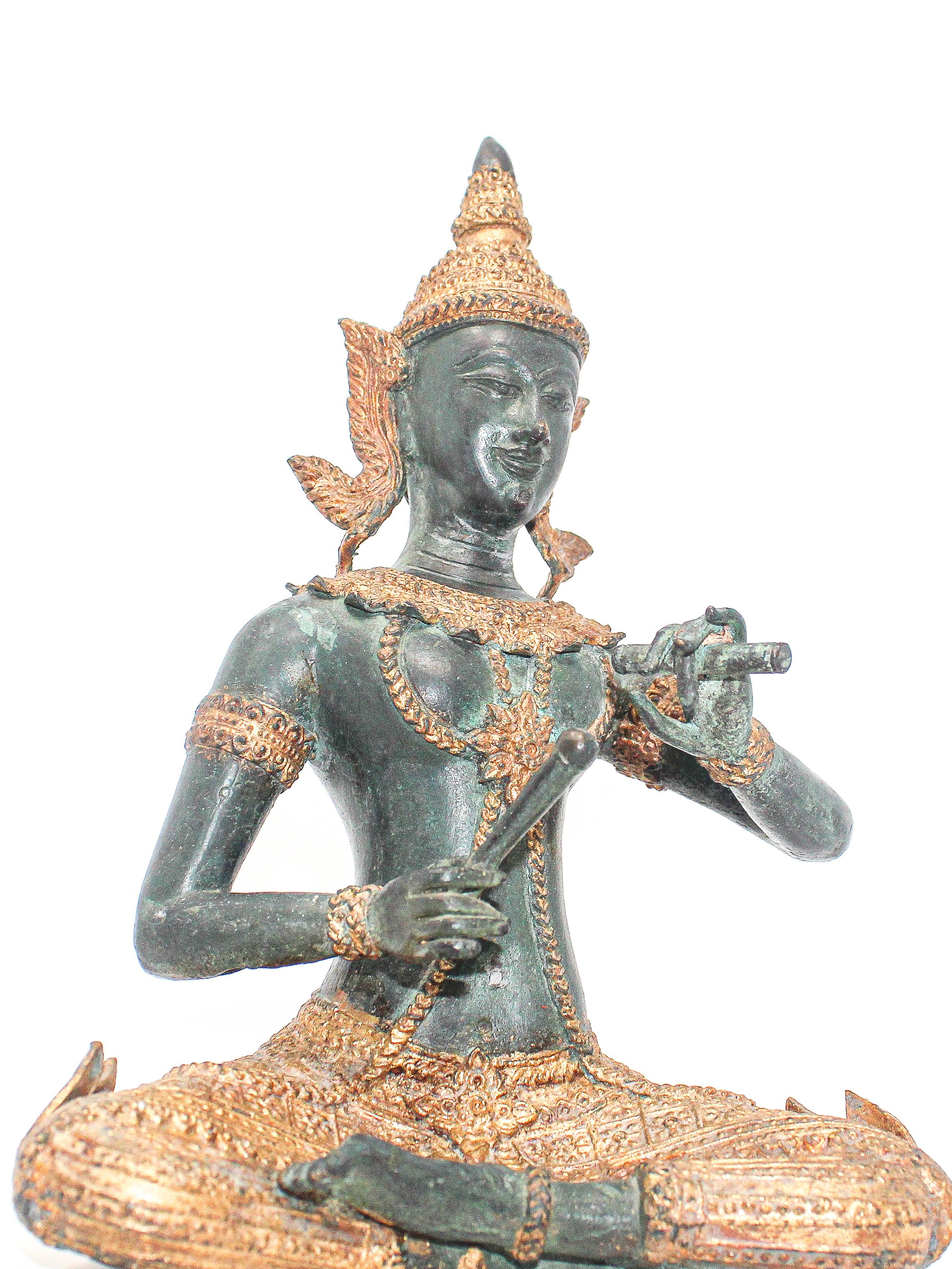 Asian Thai Gilt Bronze of an Angel Buddha Playing Music In Good Condition In North Hollywood, CA