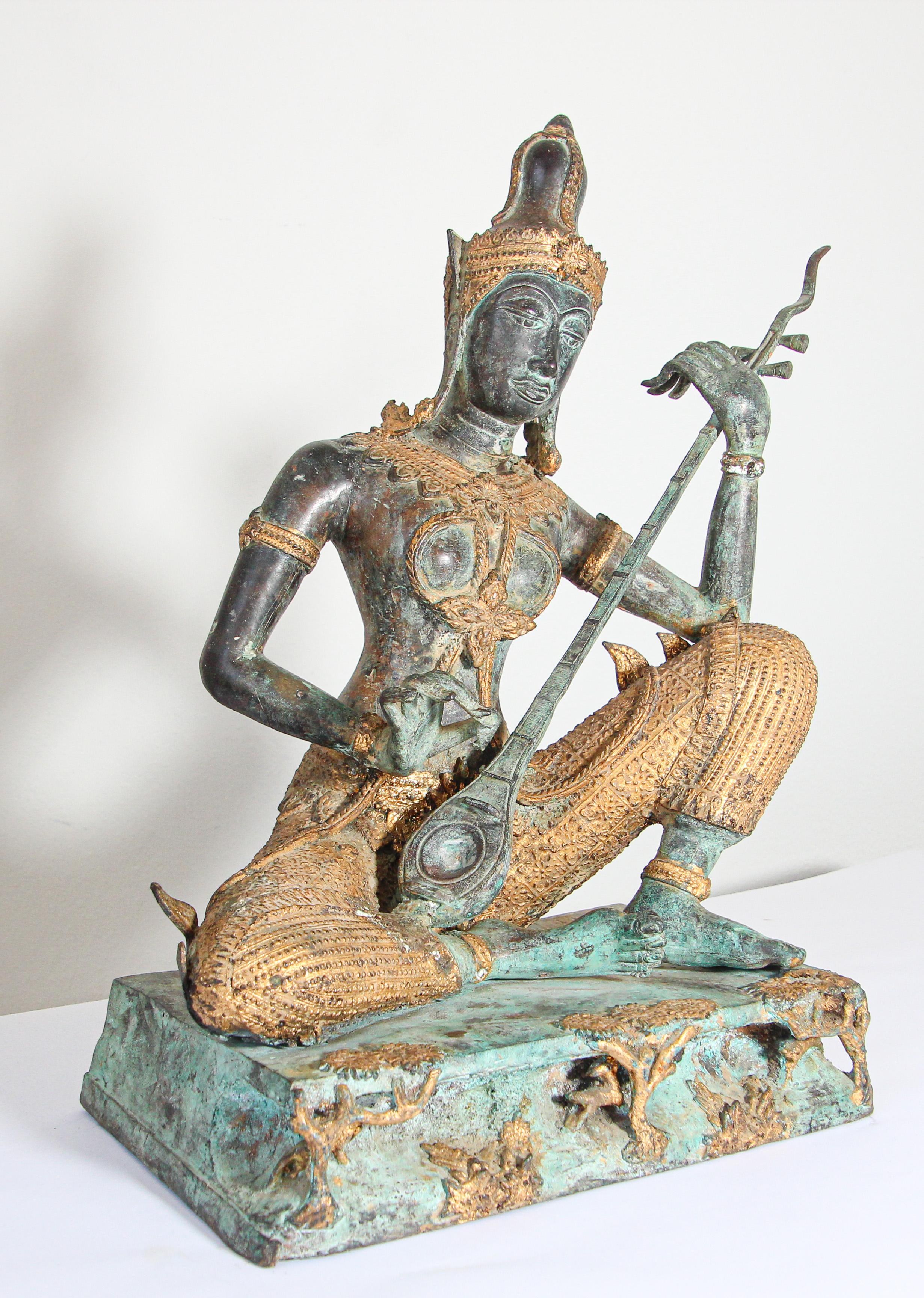 Hand-Crafted Asian Thai Gilt Vintage Bronze Statue of a Prince Playing Music For Sale
