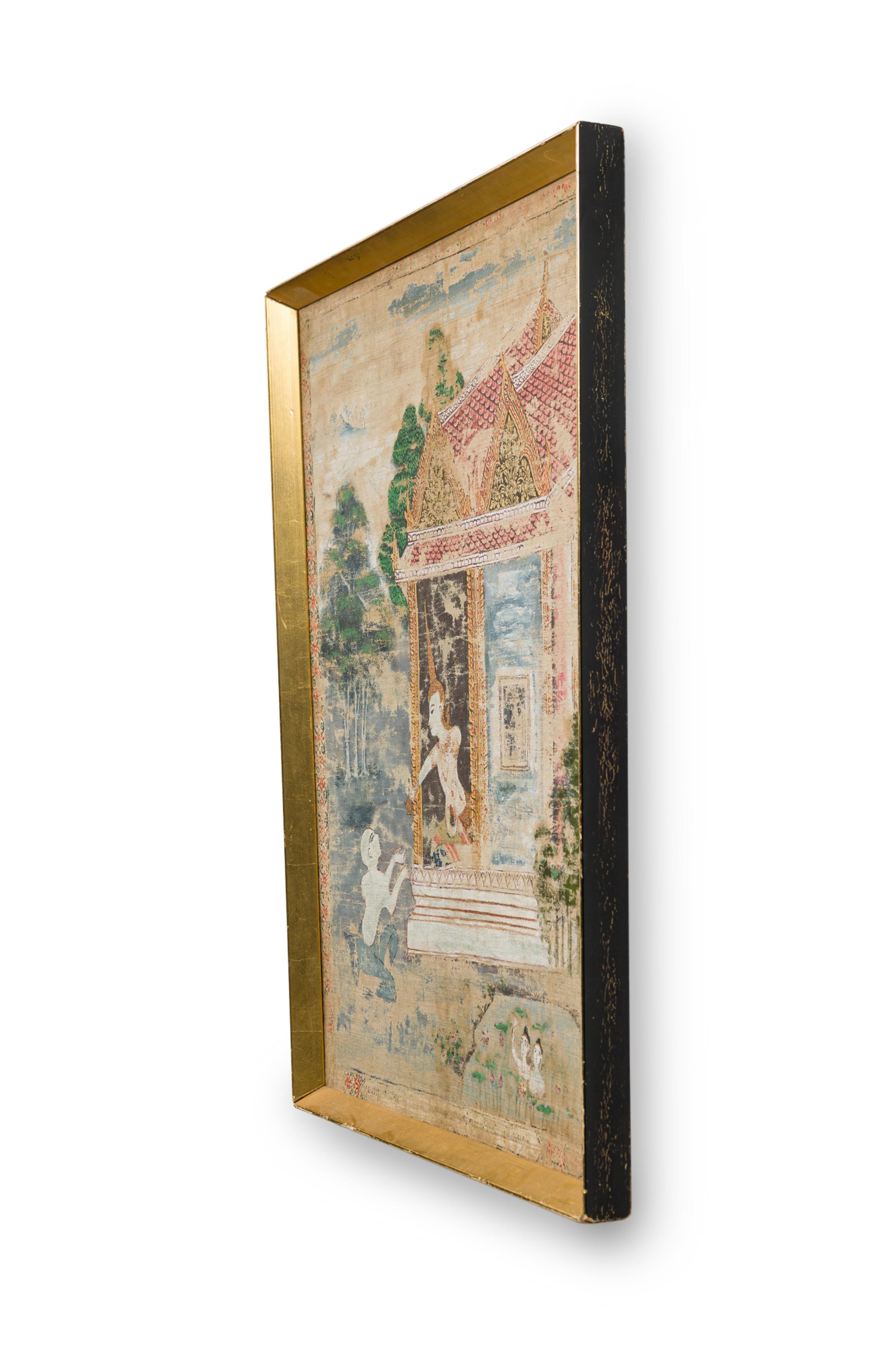 Peinture mythologique thaïlandaise représentant une femme noble dans sa retraite faisant une offrande dans un cadre or et noir
